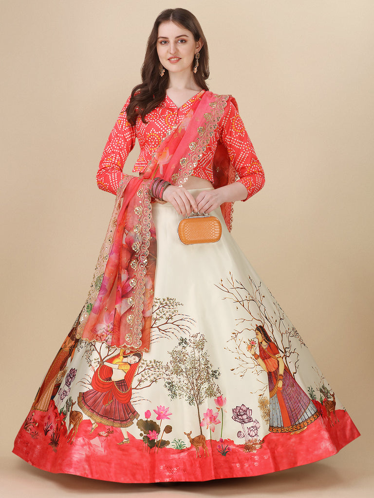Women's Digital Print Shiney Satin Semistitched Lehenga Choli With Unstitched Blouse And Sequnce Work Orgenza Dupatta