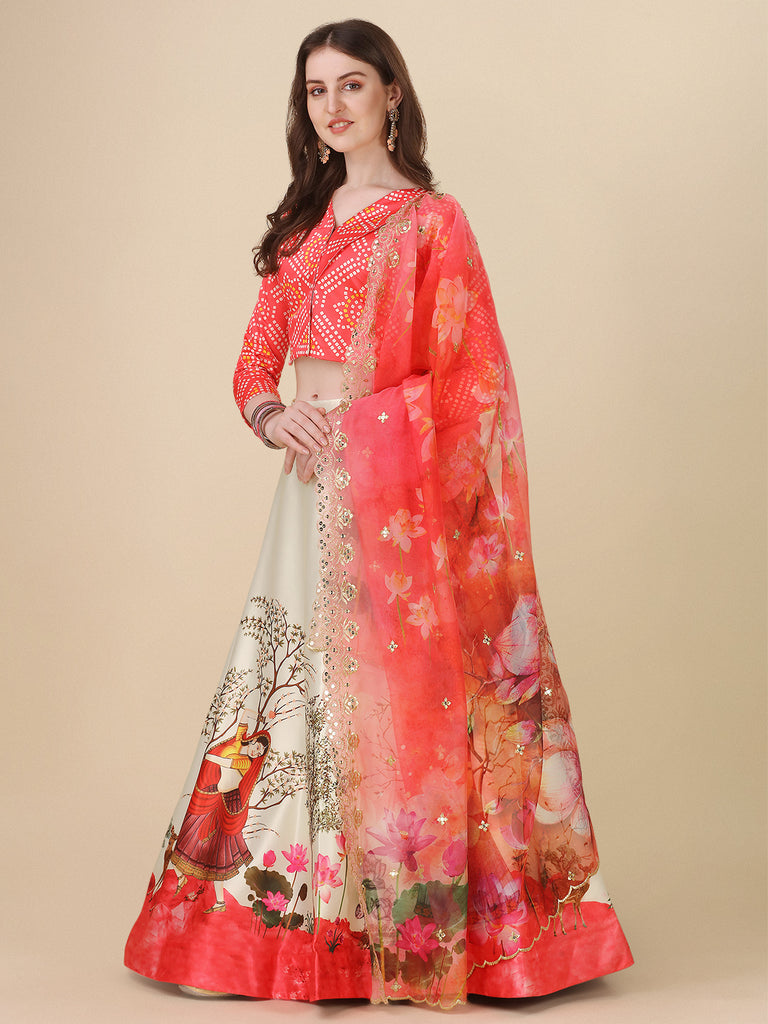 Women's Digital Print Shiney Satin Semistitched Lehenga Choli With Unstitched Blouse And Sequnce Work Orgenza Dupatta