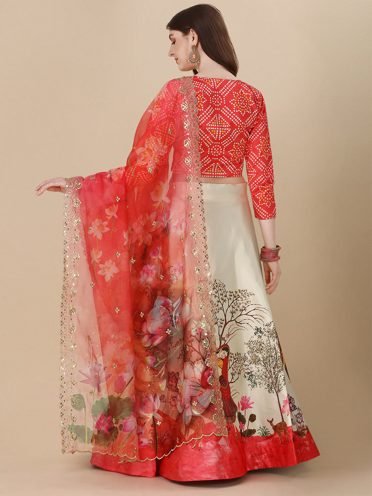 Women's Digital Print Shiney Satin Semistitched Lehenga Choli With Unstitched Blouse And Sequnce Work Orgenza Dupatta