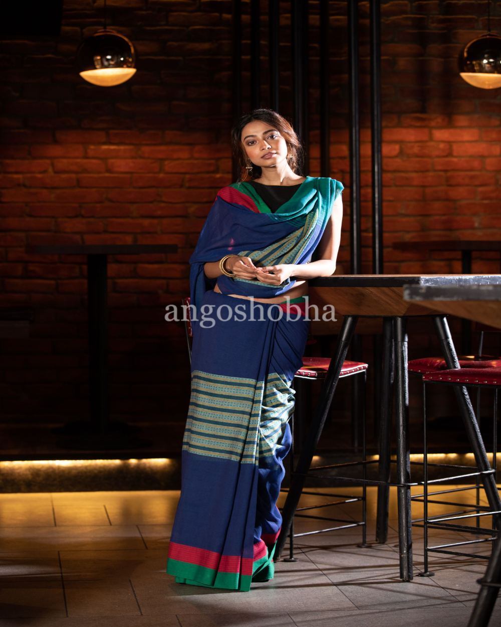 Women's Blue Handloom Cotton Saree - Angoshobha
