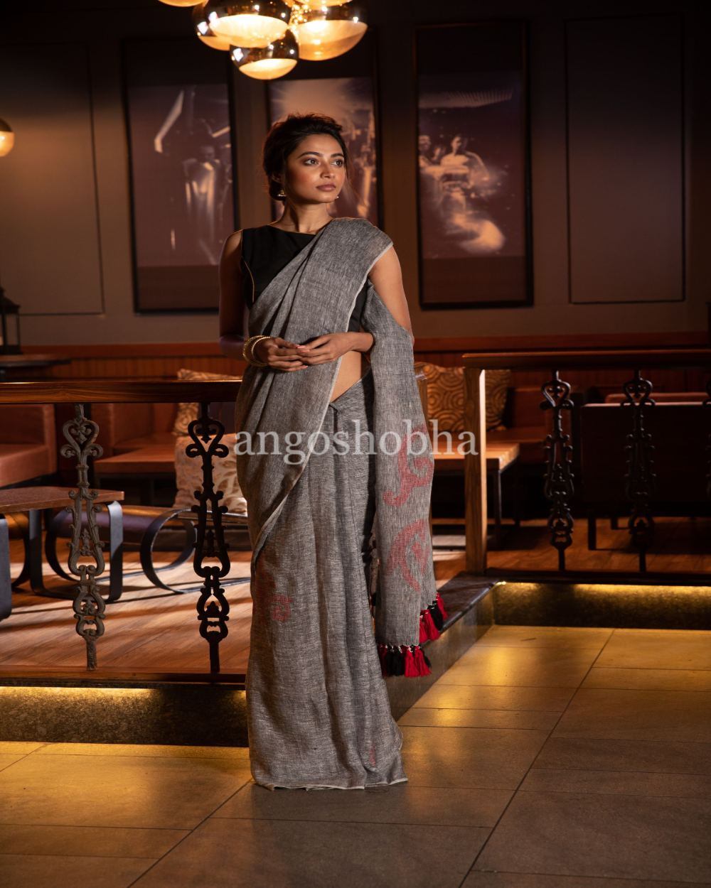 Women's Grey Linen jamdani Saree - Angoshobha