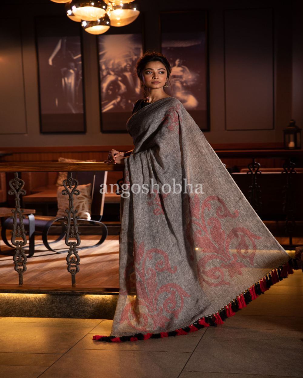 Women's Grey Linen jamdani Saree - Angoshobha