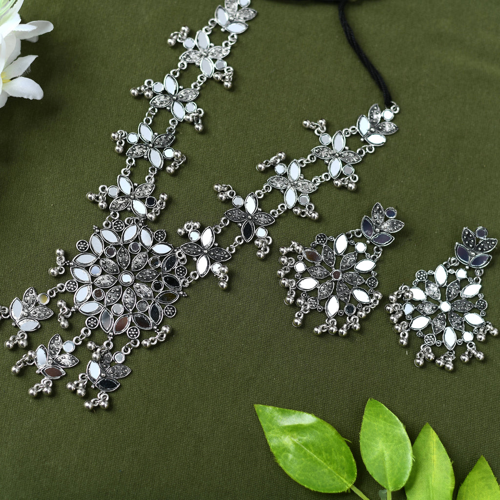 Kamal Johar Oxidised Silver-Plated Mirror Necklace with Ear