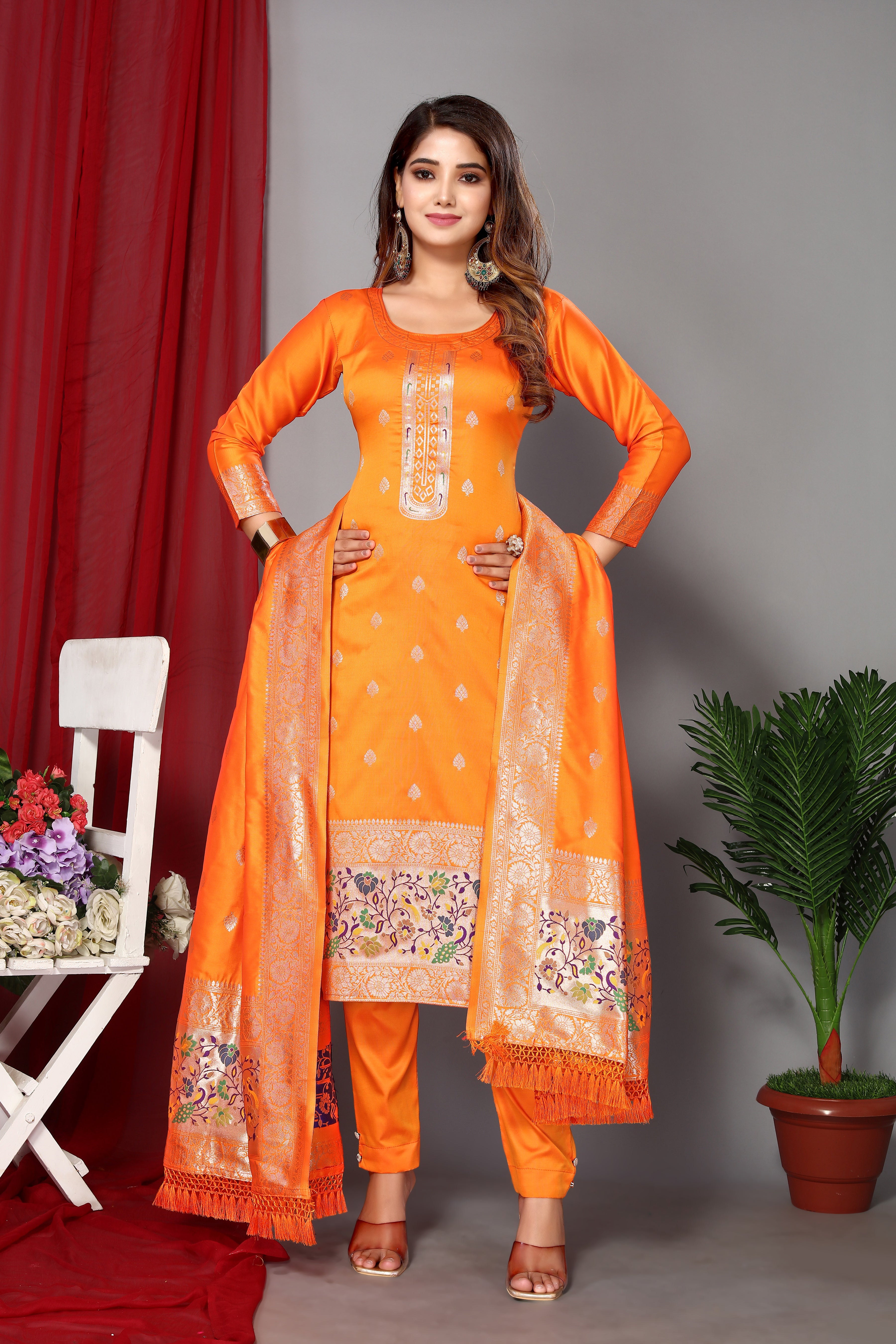Women's Orange Paithani Dress Mateiral Collection - Dwija Fashion