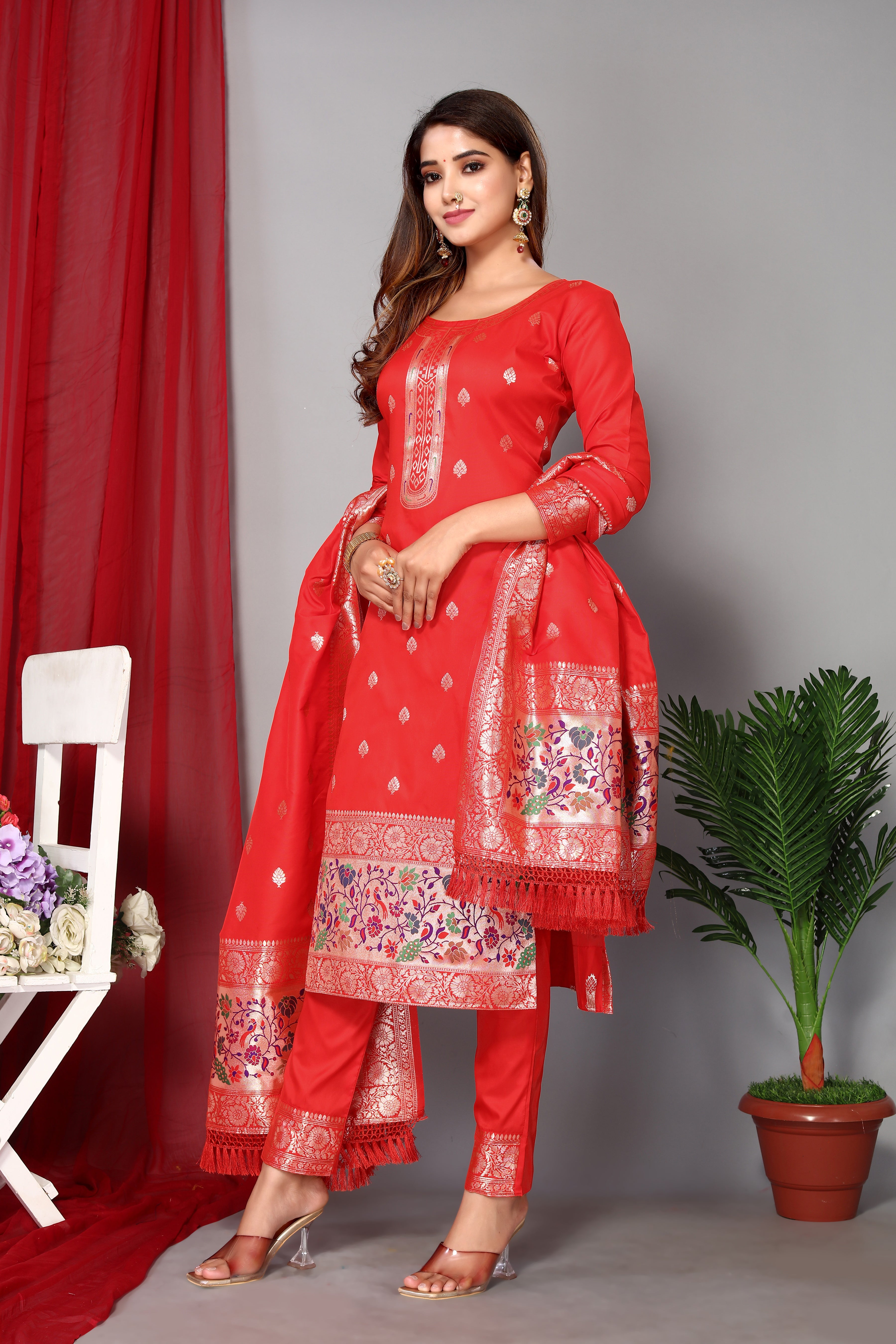 Women's Peach Paithani Dress Mateiral Collection - Dwija Fashion
