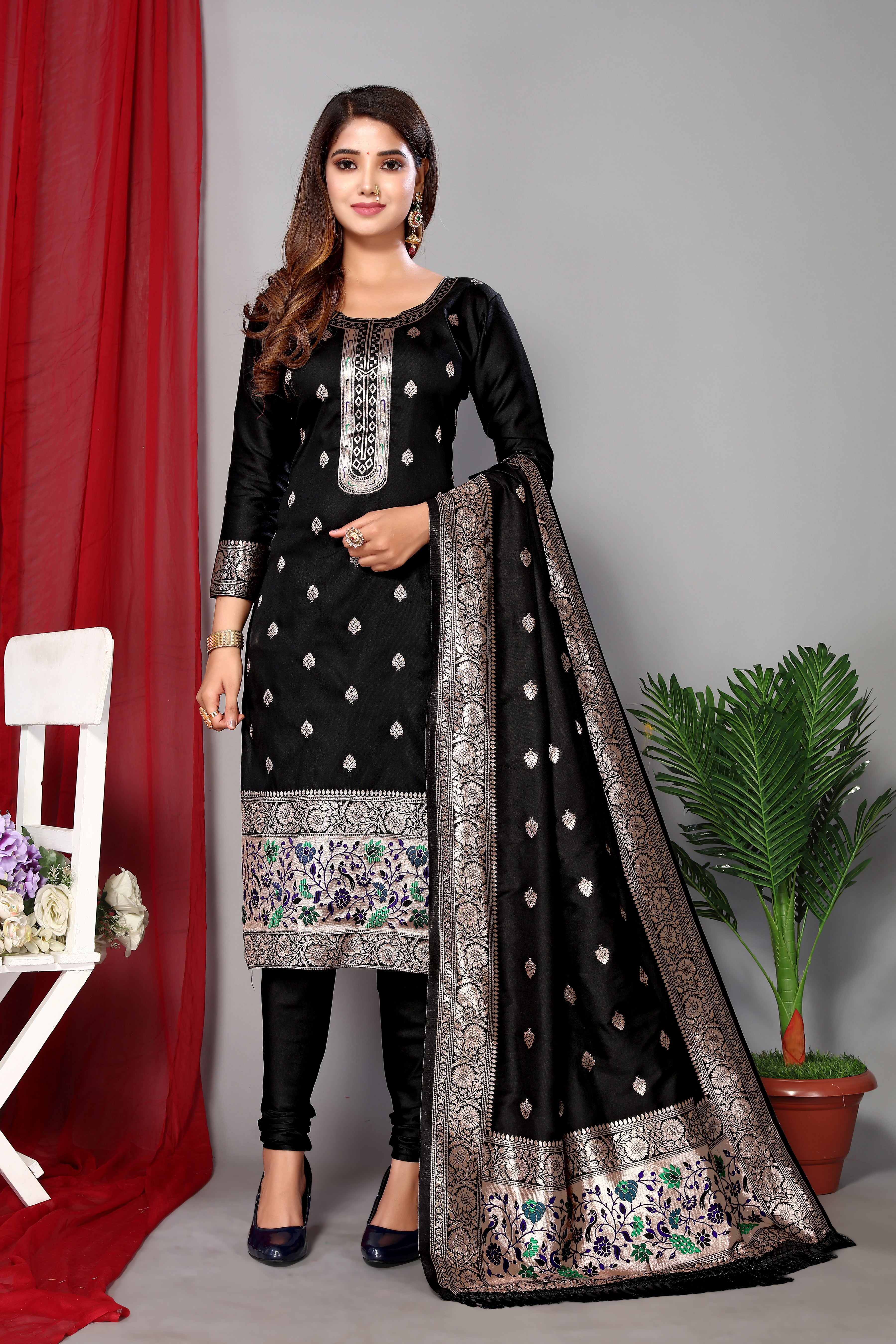 Women's Black Paithani Dress Mateiral Collection - Dwija Fashion