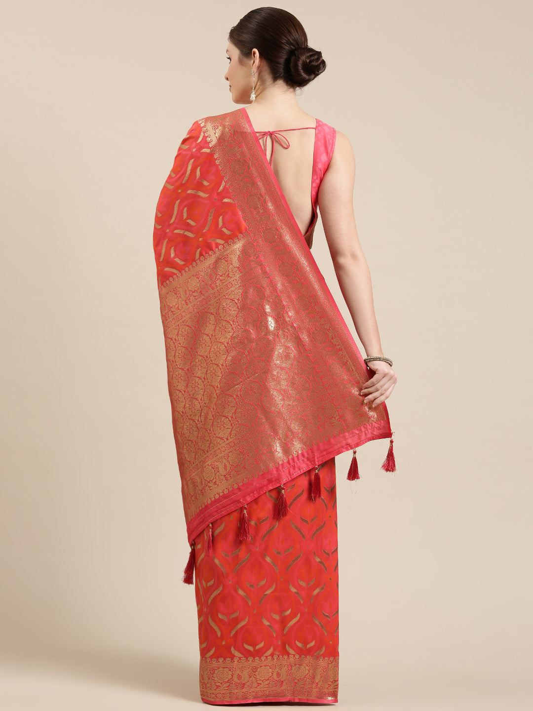 Women's Red & Golden Satin Paisley Zari Woven Banarasi Saree - Royal Dwells