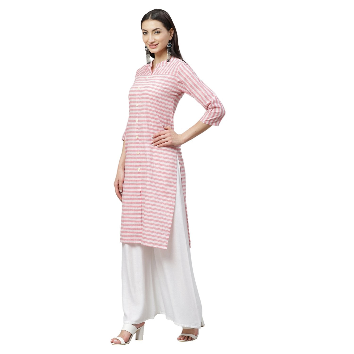 Women's Pink Cotton Check 3/4 Sleeve Mandrin Neck Casual Kurta Only - Myshka