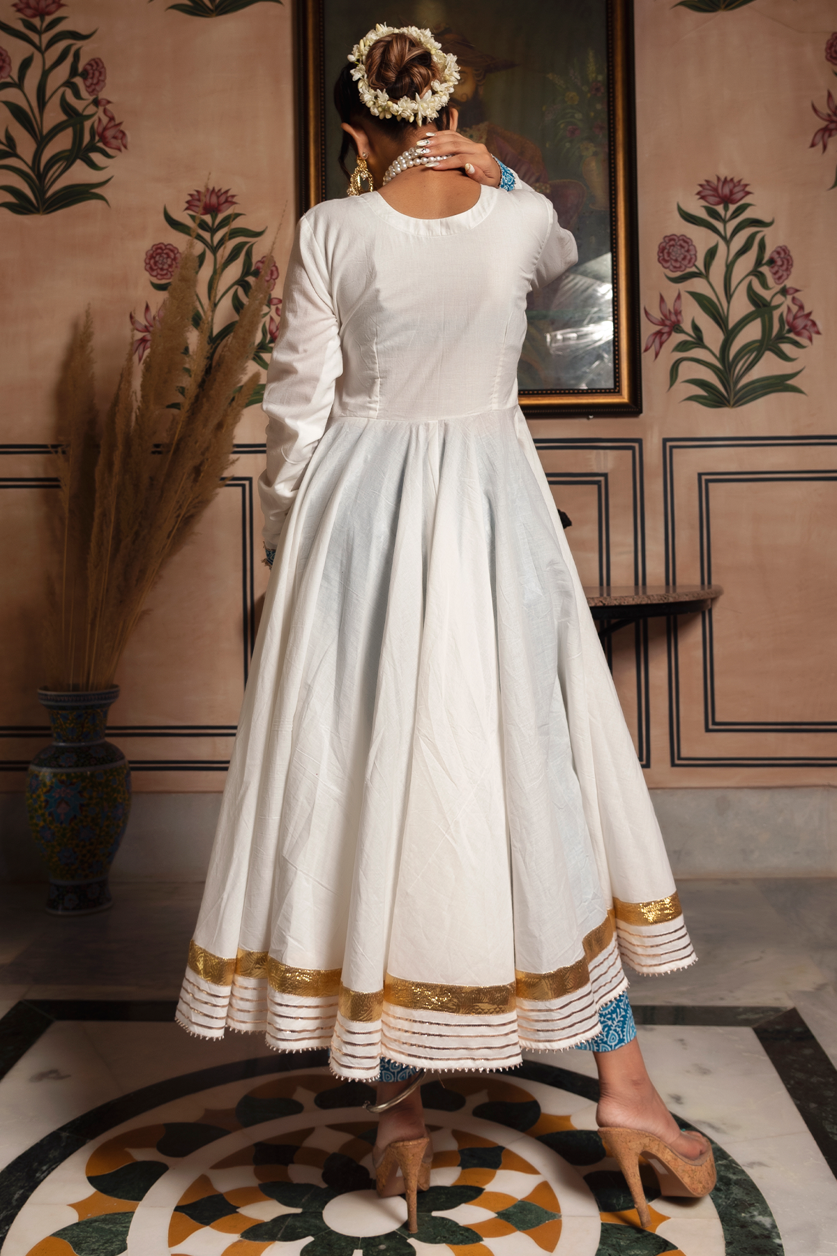 Women's White Mogra Pure Cotton Angrakha Set - Pomcha Jaipur