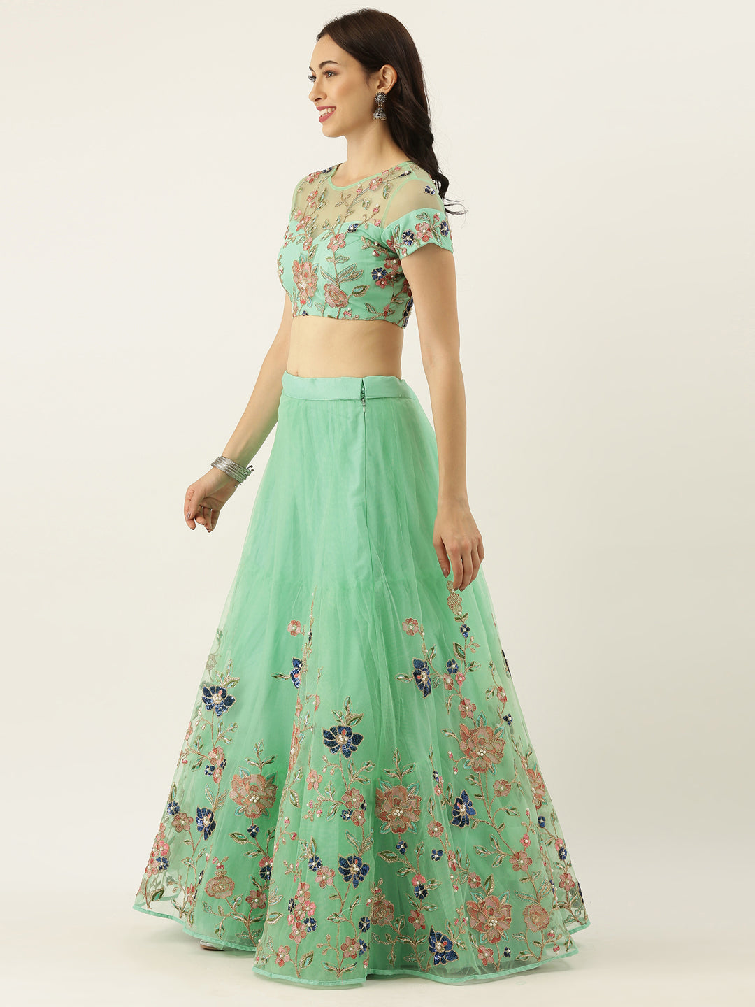Women's Turquoise Blue - Embroidered Blue Coloured Round Sequin Fully-Stitched Lehenga - Royal Dwells
