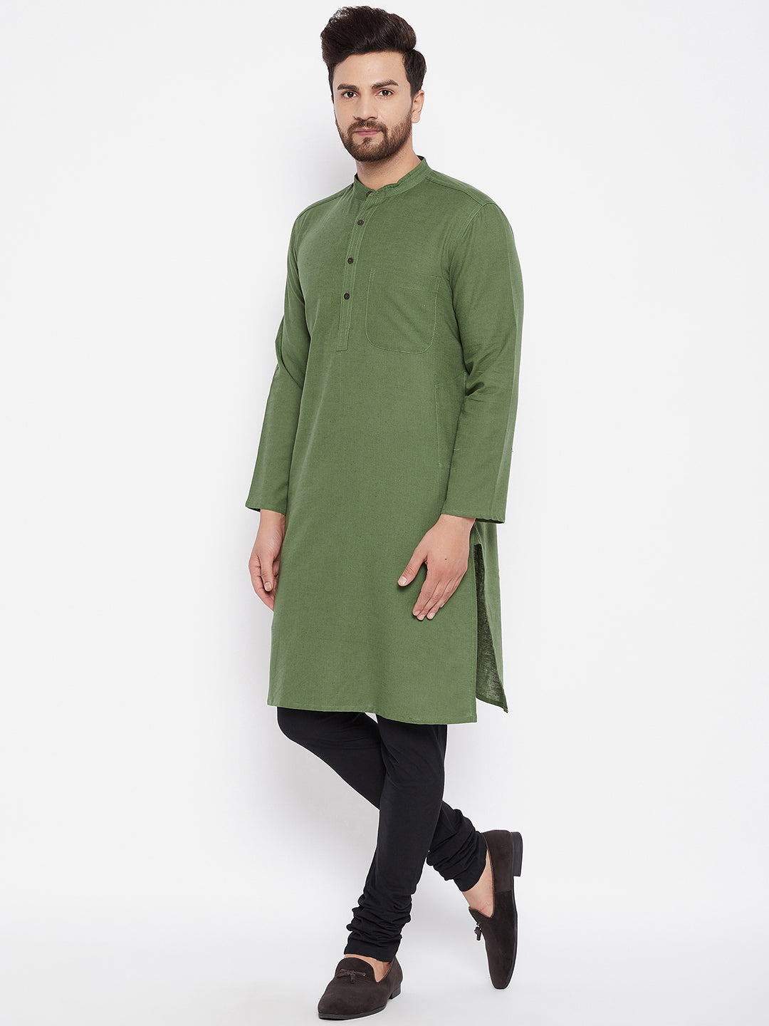 Men's Solid Linen Green Straight Kurta - Even Apparels