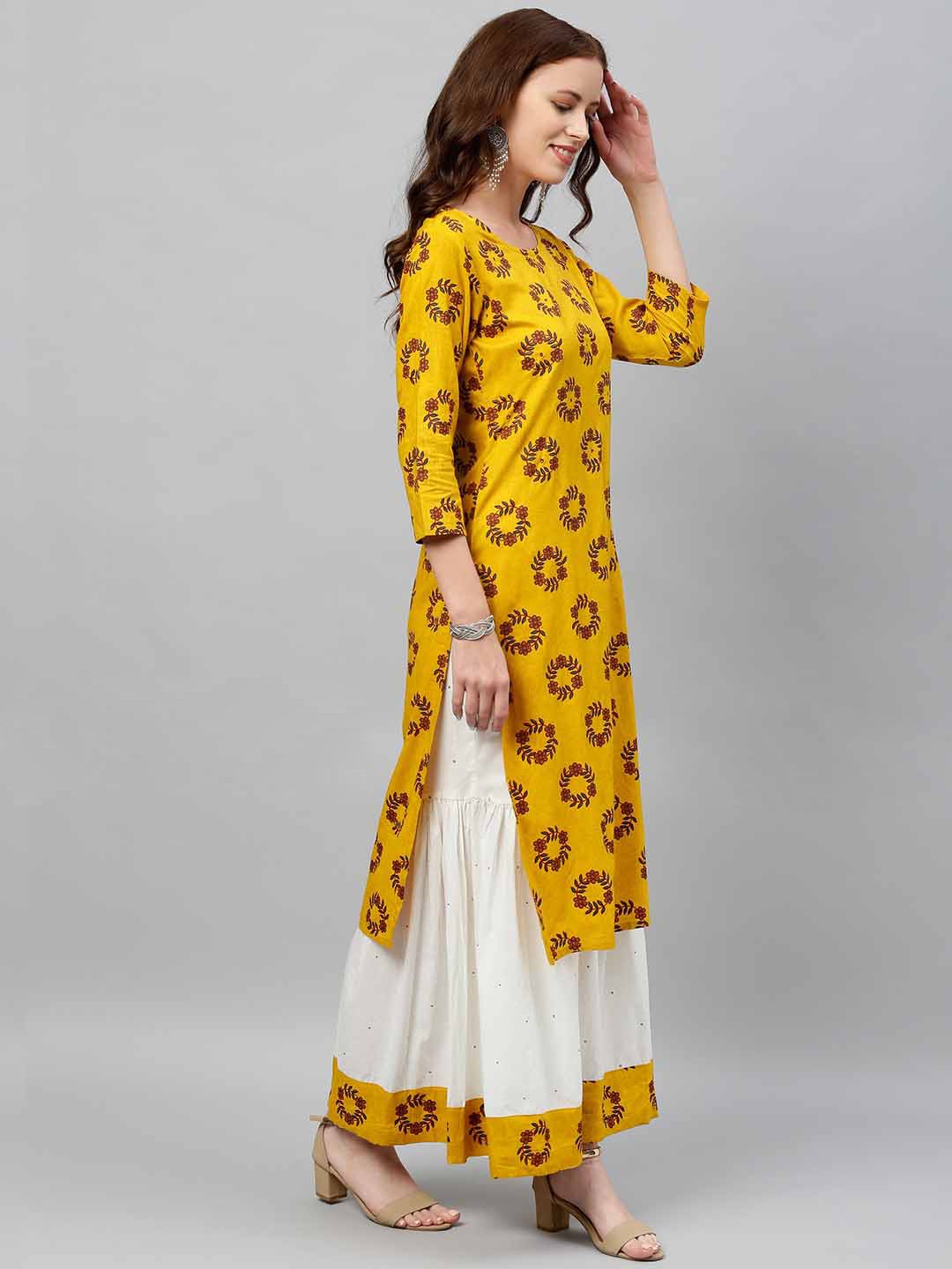 Women's Yellow Printed Kurta with Sharara & Dupatta Set by Kipek (3 Pc Set)