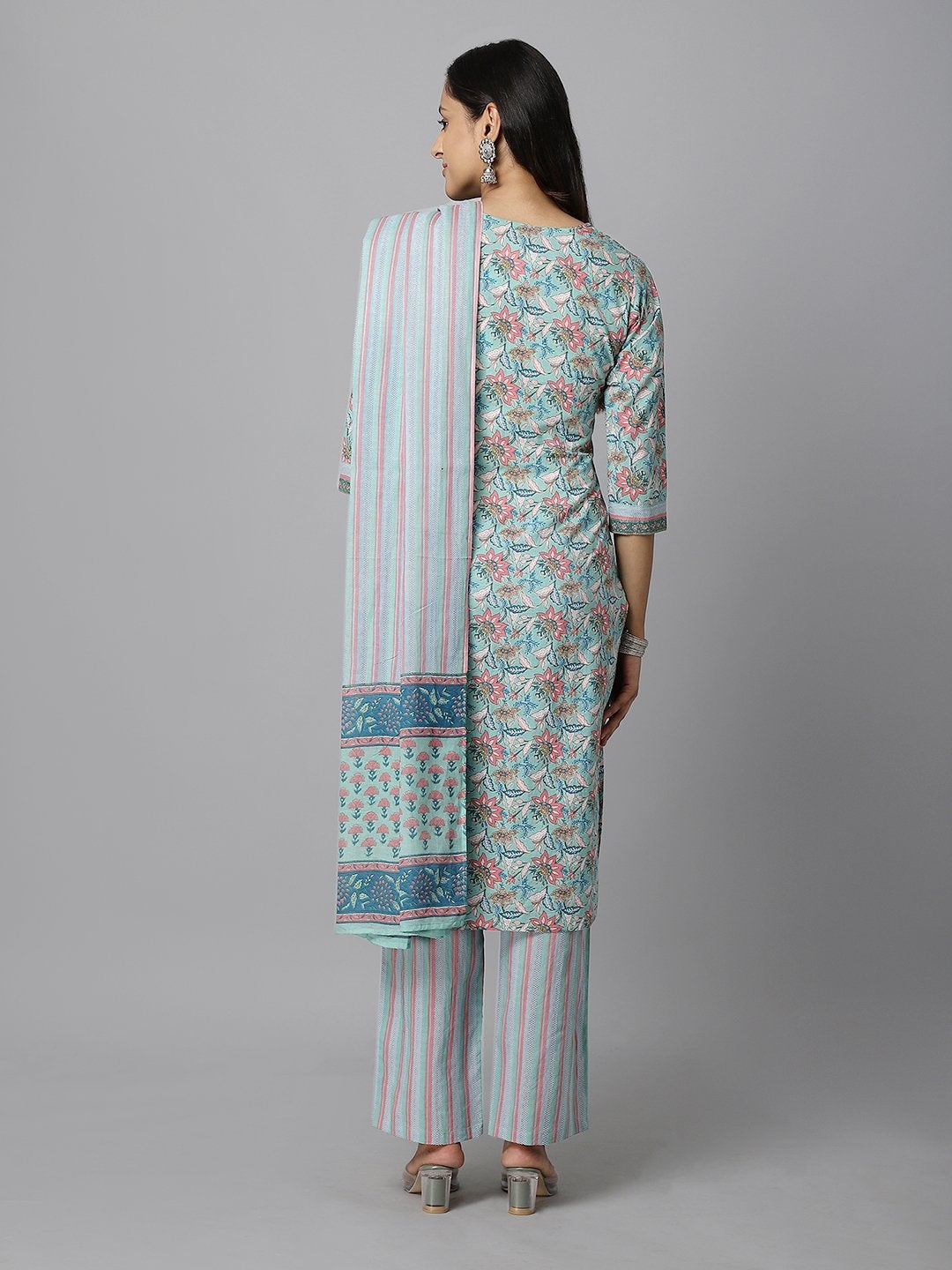 Women's Green And Pink Floral Printed Side Slit Straight Kurta With Palazzo And Duapatta Set - Azira