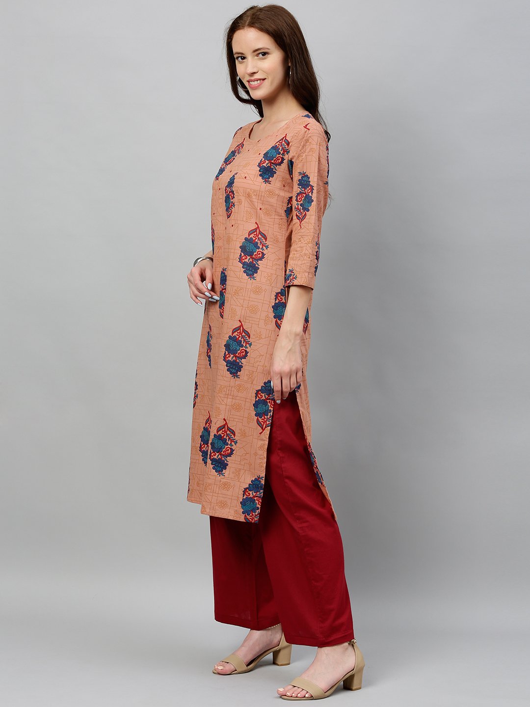 Women's Foral Printed Cotton Blend Fabric Kurta & Palazzo Set Brown Color - Kipek