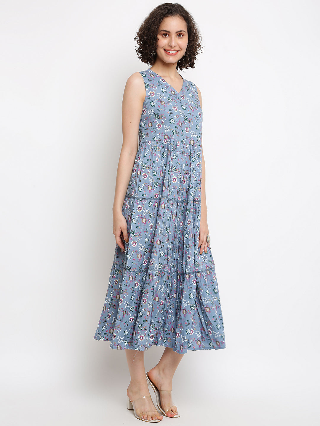 Women's Printed Blue Tiered Dress - IMARA