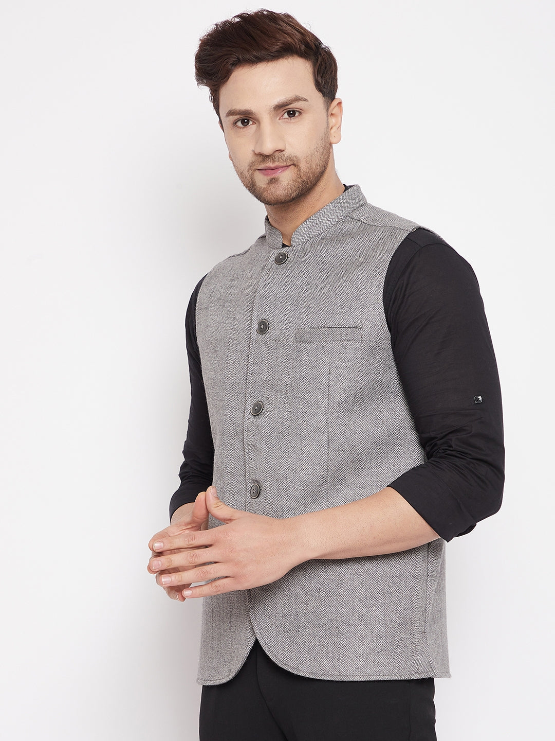 Men's Grey Color Woven Nehru Jacket - Even Apparels
