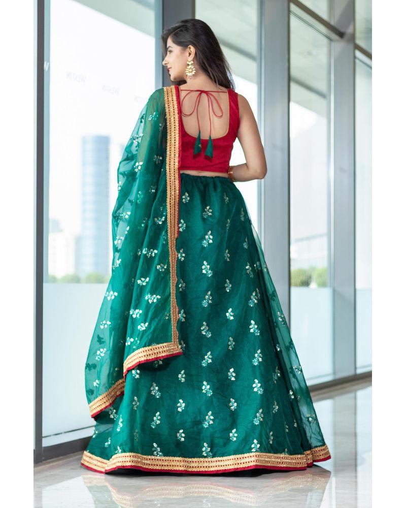 Women's Bottle Green And Red Lehenga Set (3pcs set)