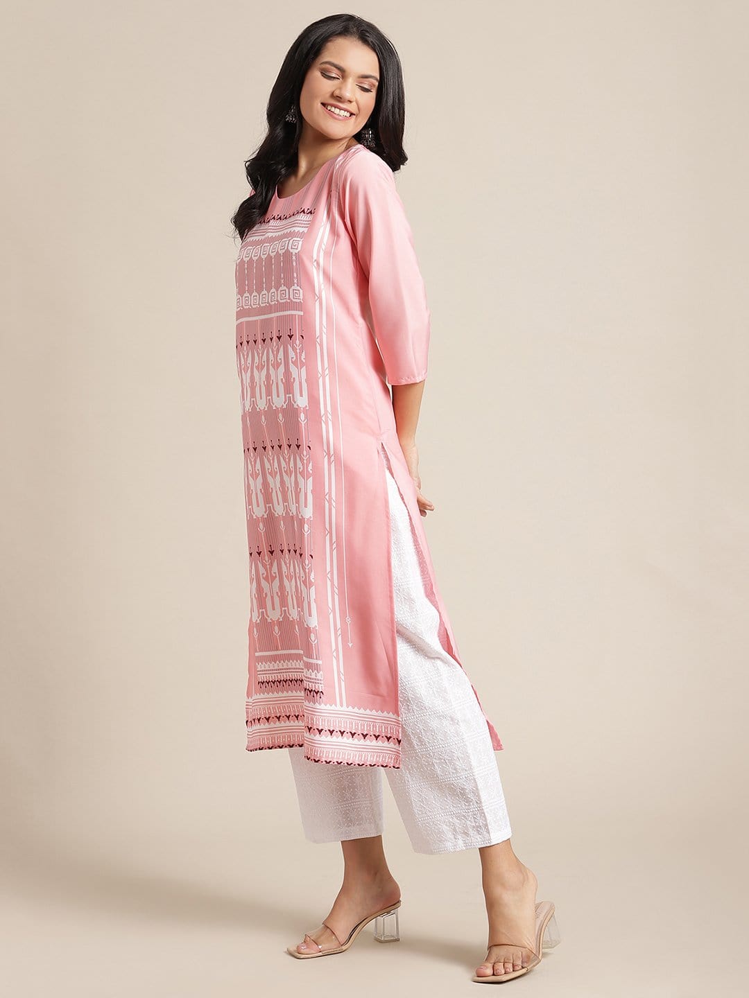 Women's KSUT Pink And White Geometric Printed Straight Kurta With 3/4Th Sleeves - Varanga