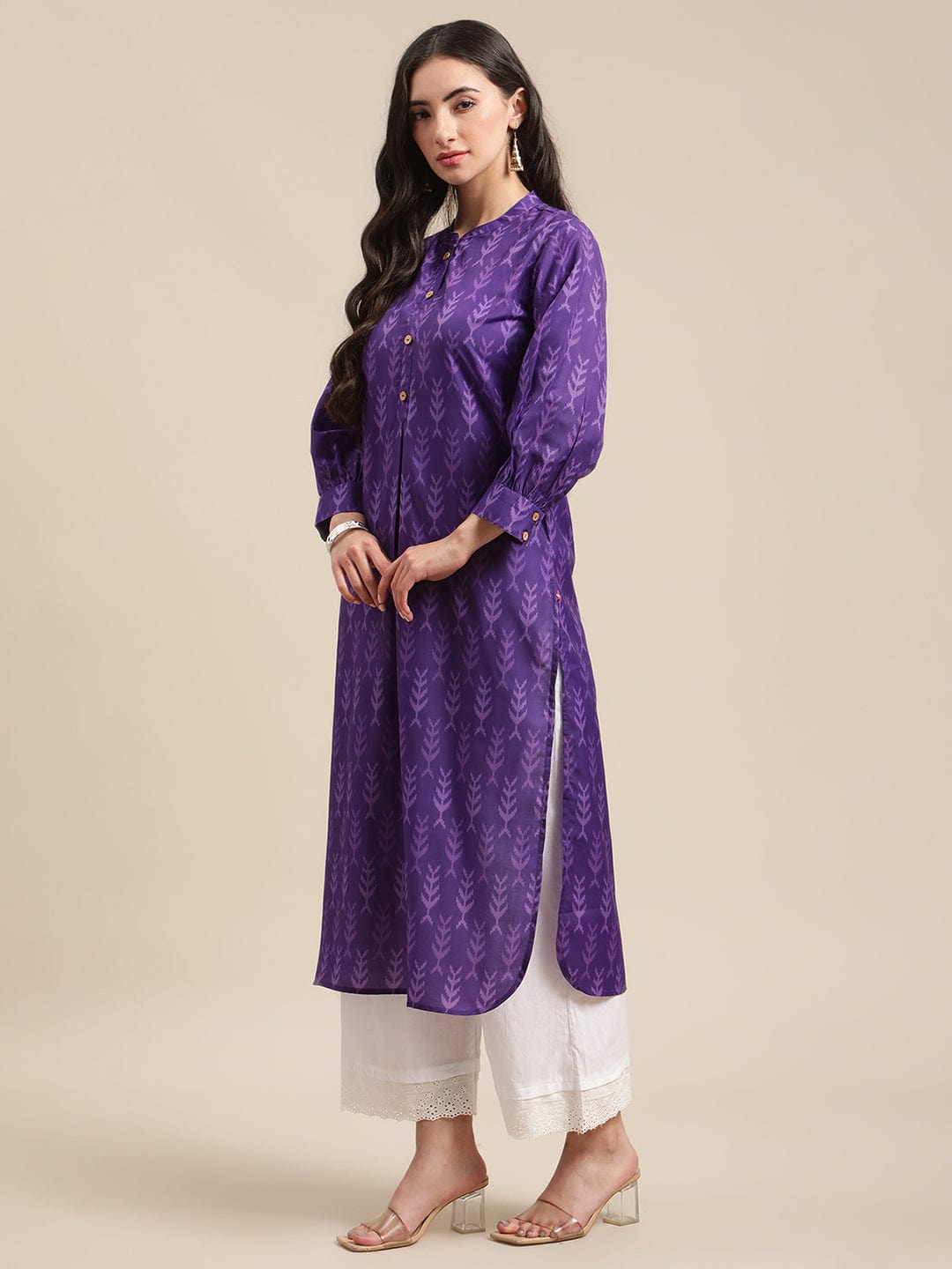 Women's Purple Ikat Printed Kurta Straight Kurta - Varanga