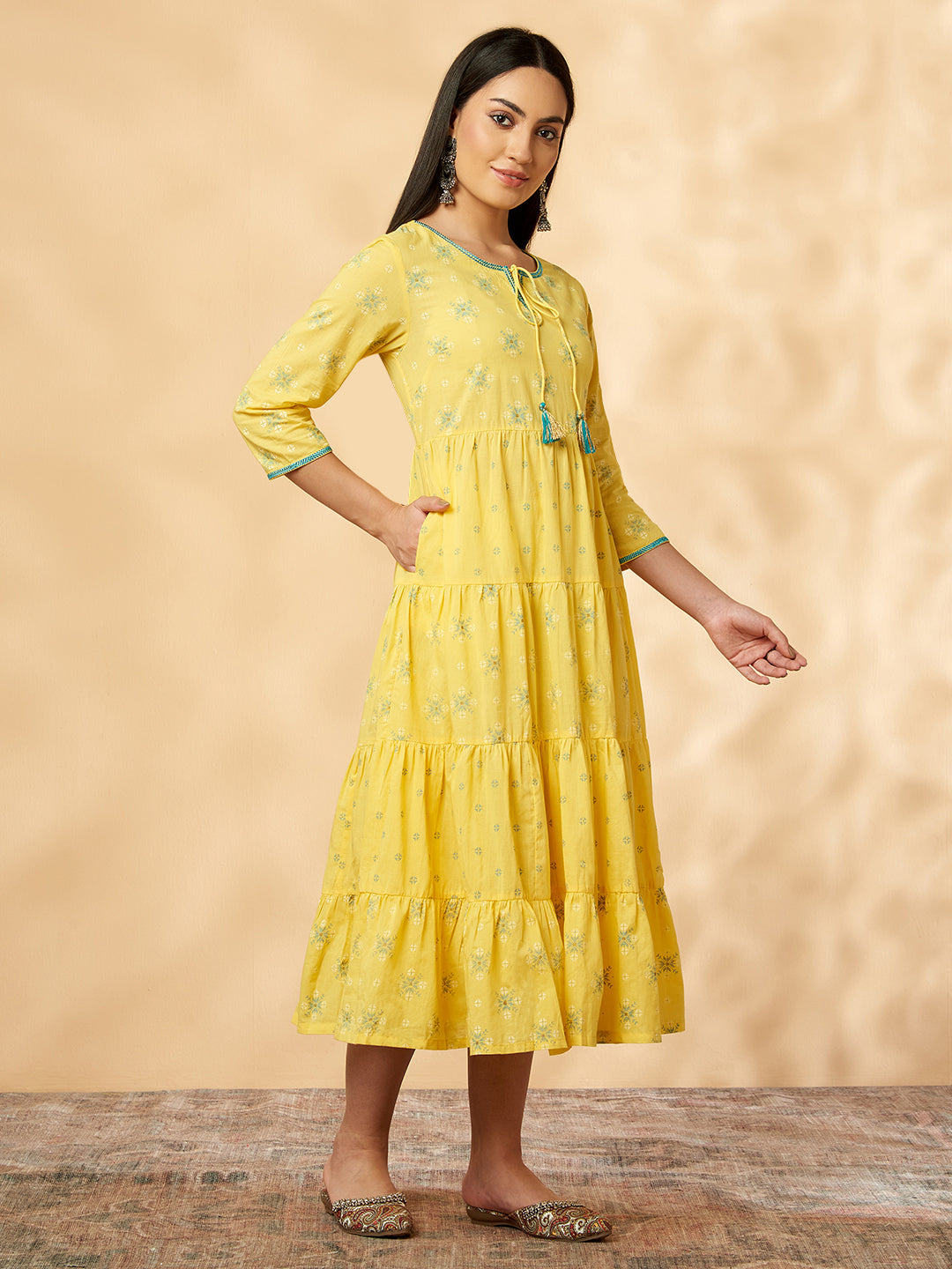 Women's Yellow Printed Tiered Dress - IMARA