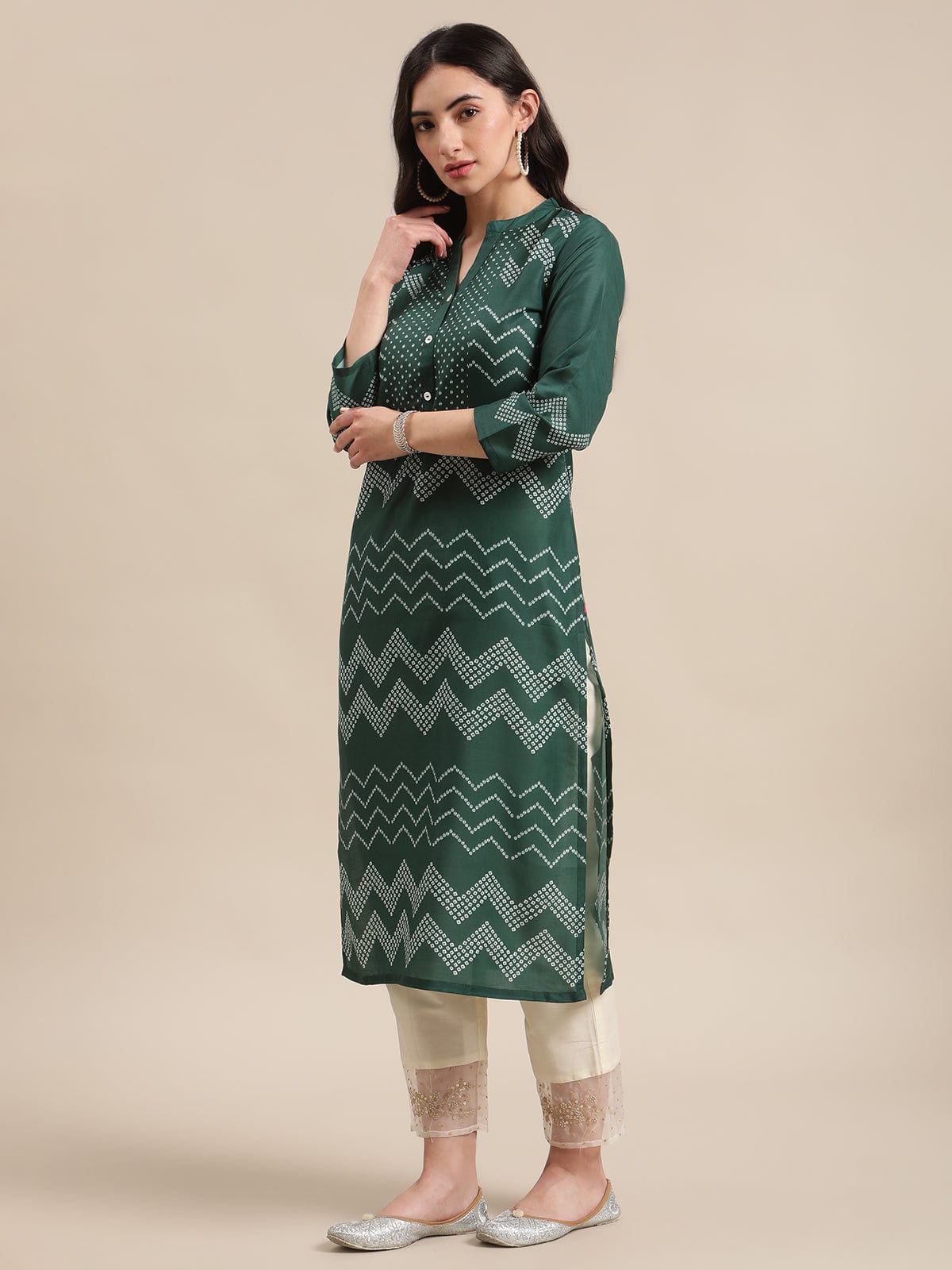 Women's Green And Bandhej Mandarin Collar Straight Kurta - Varanga