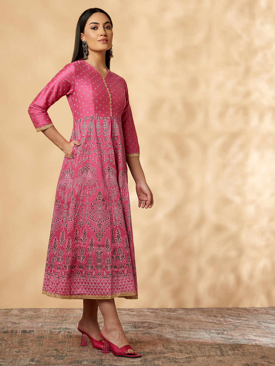 Women's Pink Printed Kalidar Dress - IMARA