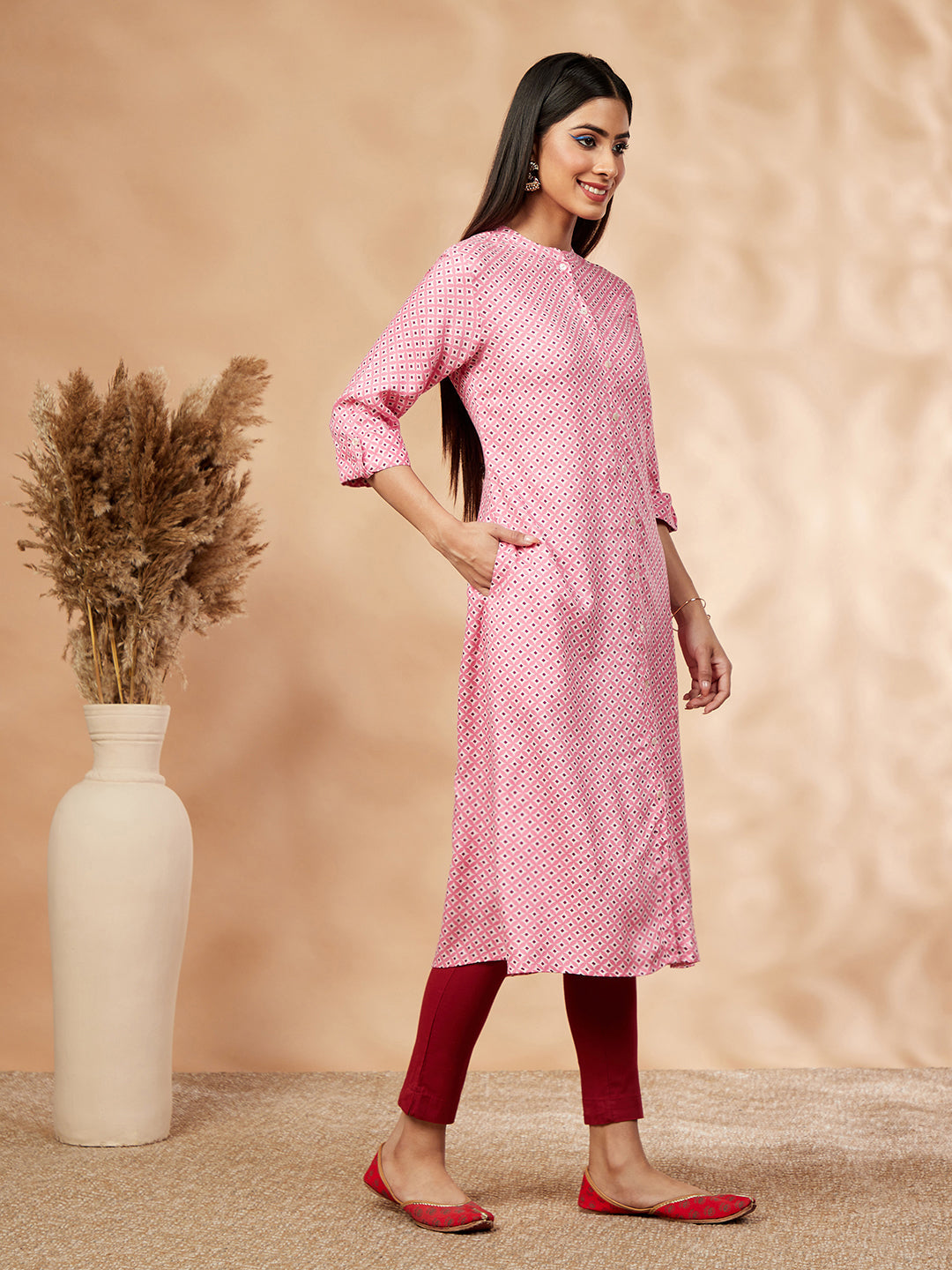 Women's Pink Print Sleeves A-Line Kurta - IMARA