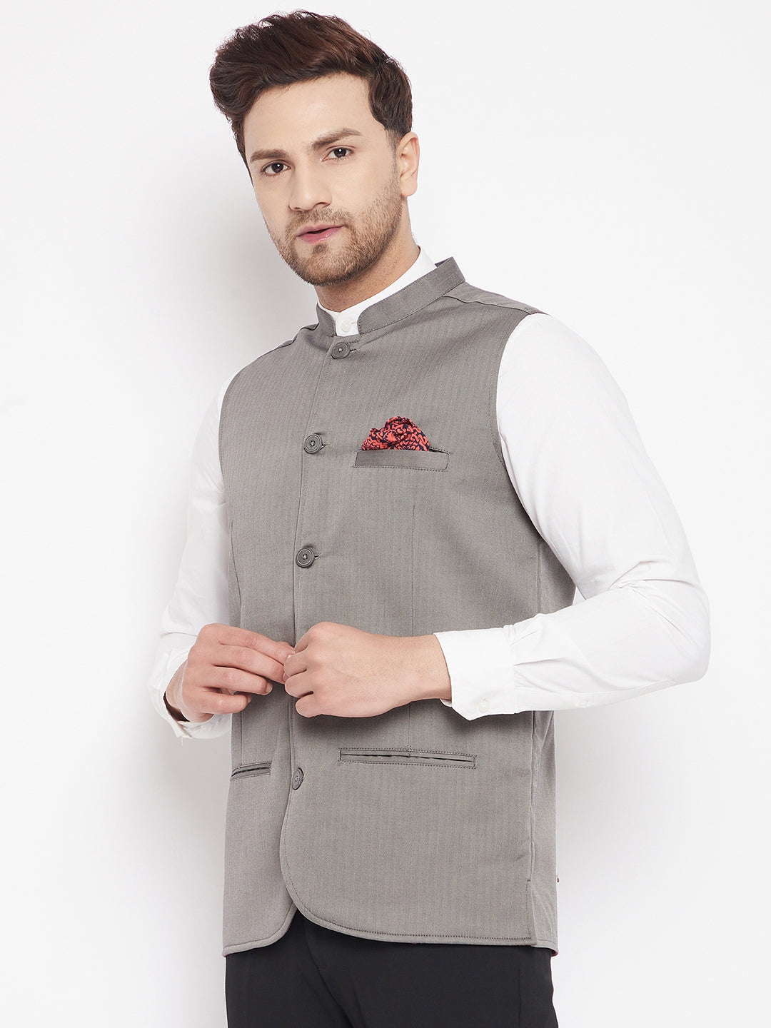 Men's Grey Color Nehru Jacket-Contrast Lining-Inbuilt Pocket Square - Even Apparels