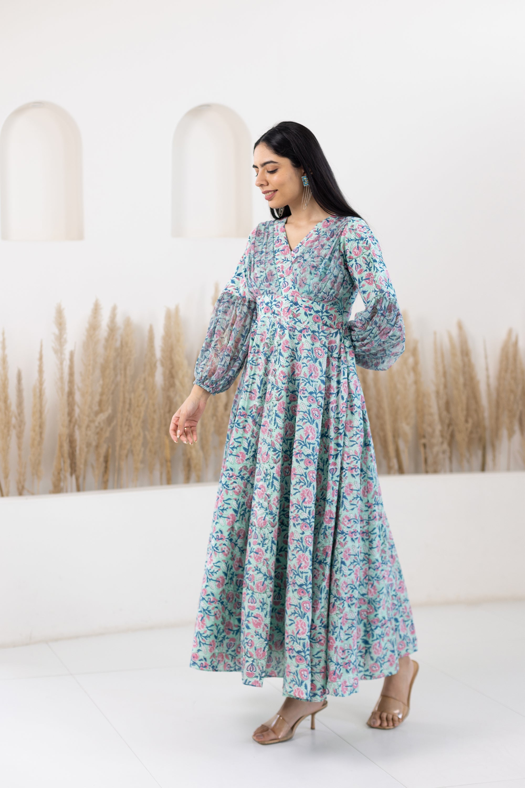 Blue Floral Printed Gown For Women By Saras The Label- (1Pc Set)
