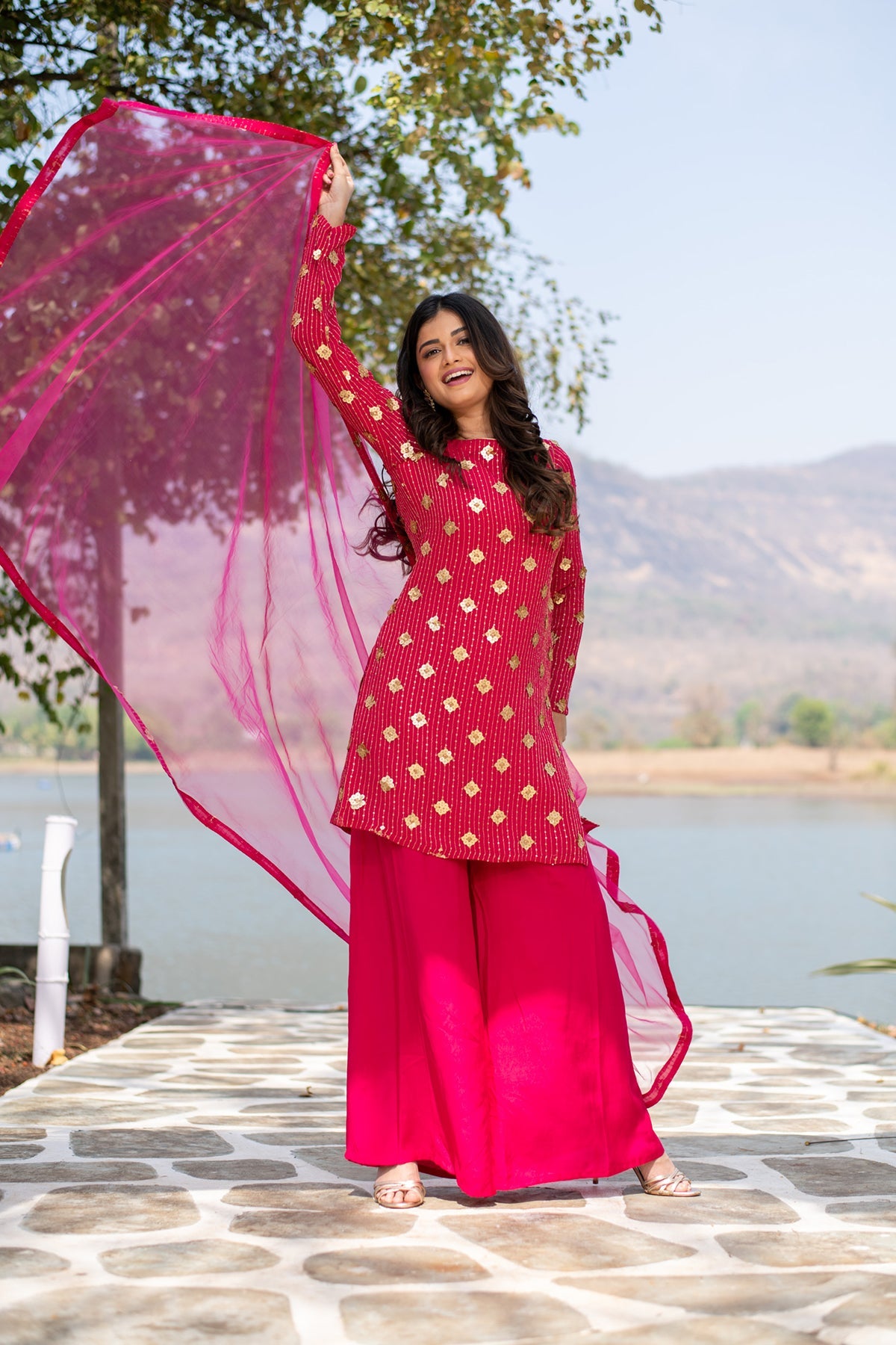 Women's Hot Pink Sequin Kurta Palazzo Set - Label Shaurya Sanadhya