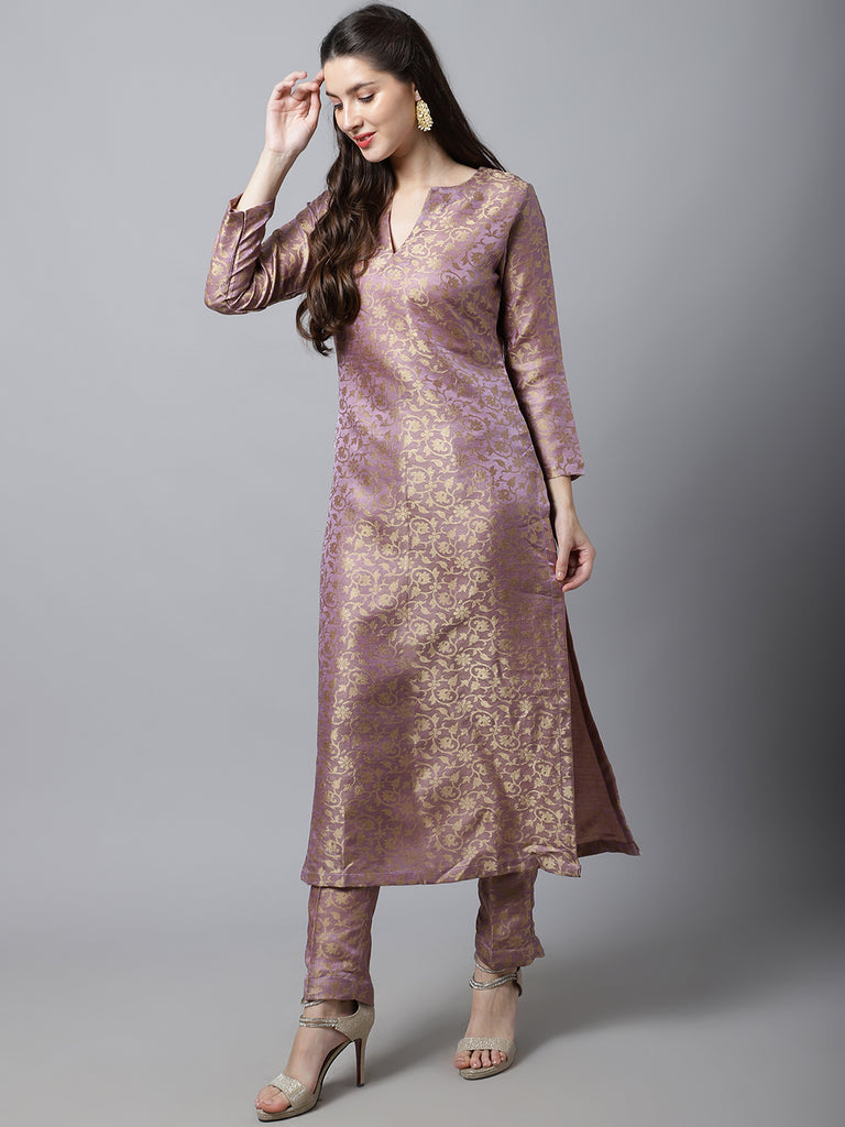 Women's Lilac Charm Brocade Straight Kurti With Straight Pants