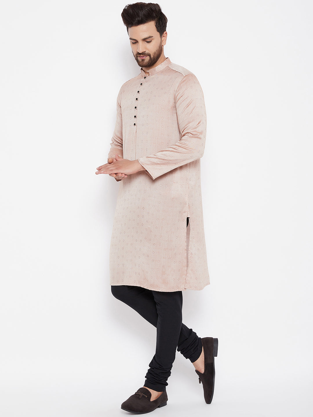 Men's Woven Design Off Beige Straight Kurta - Even Apparels
