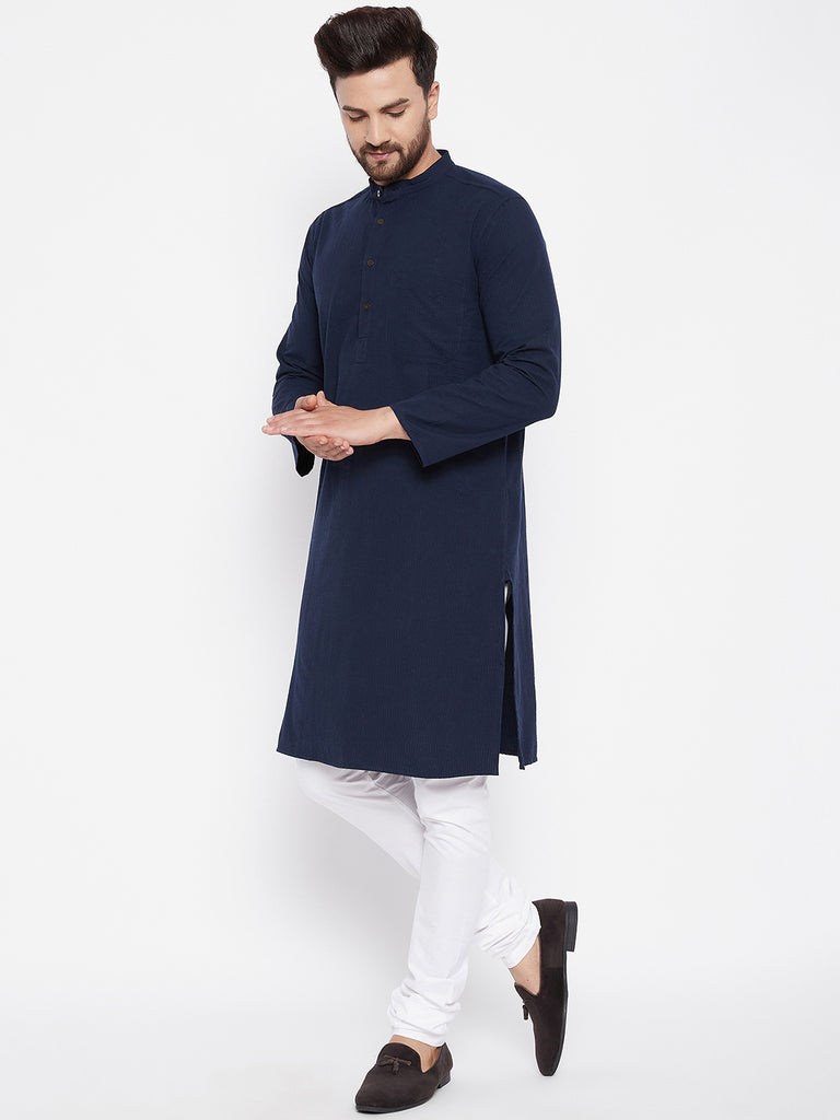 Men's Cotton Self Striped Blue Kurta