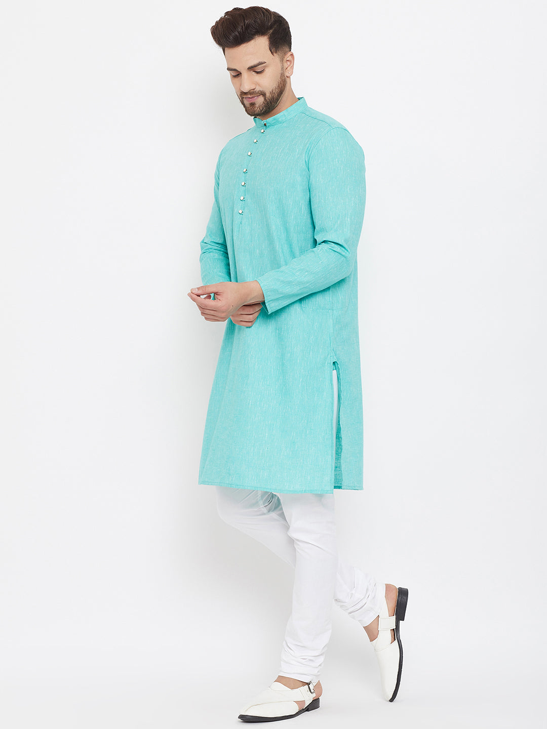 Men's Solid Turquoise Placket Detail Cotton Kurta