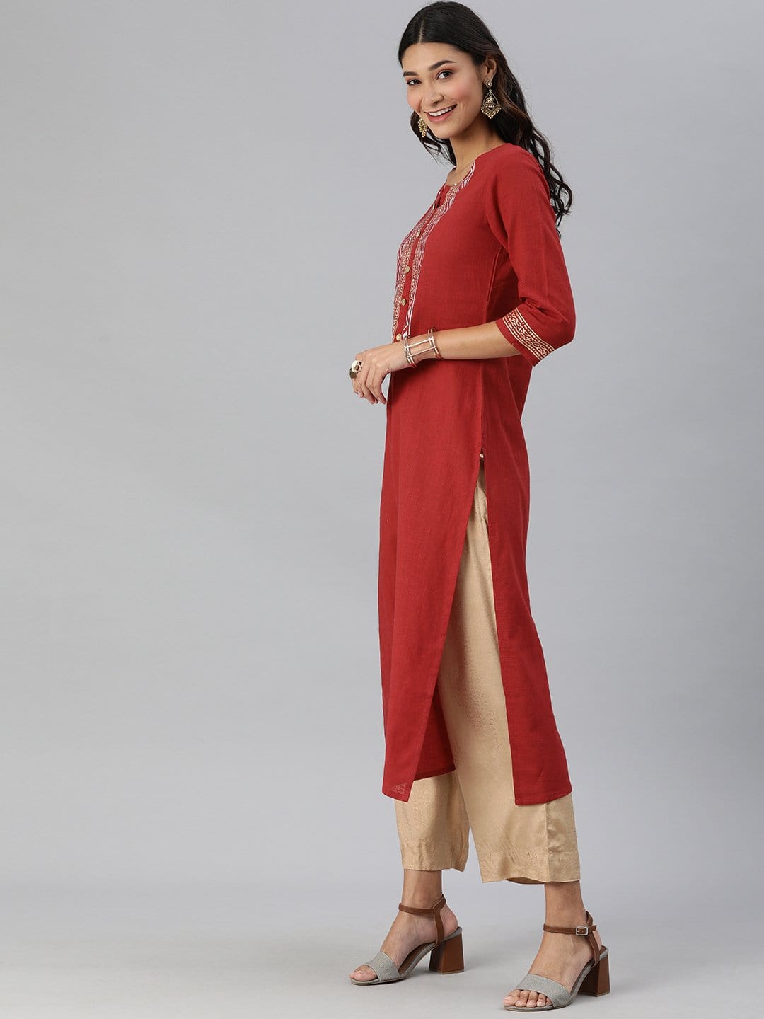 Women's KSUT Red And Gold Block Printed Straight Kurta With 3/4Th Sleeves - Varanga