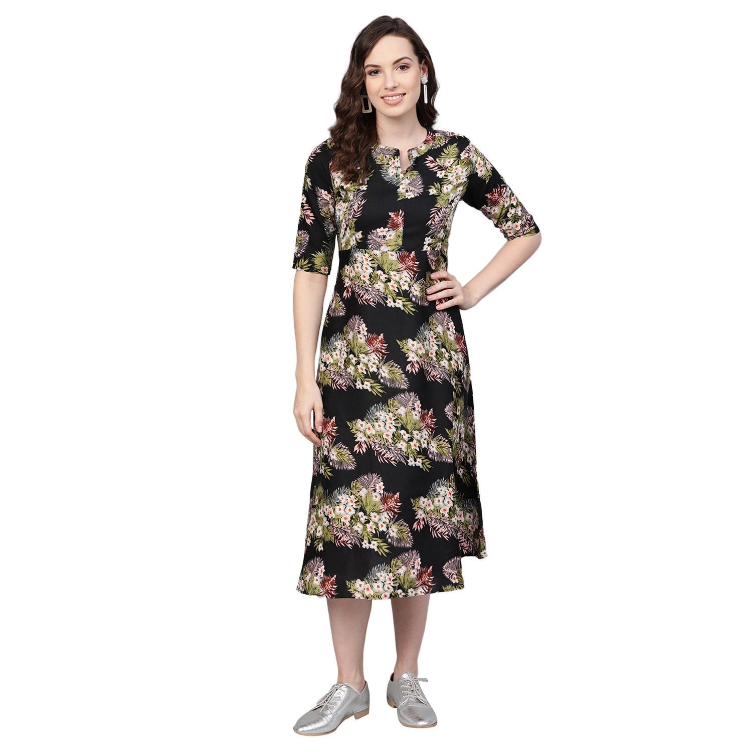 Women's Multi Polyester Printed 3/4 Sleeve Mandarin Collar Casual Dress - Myshka