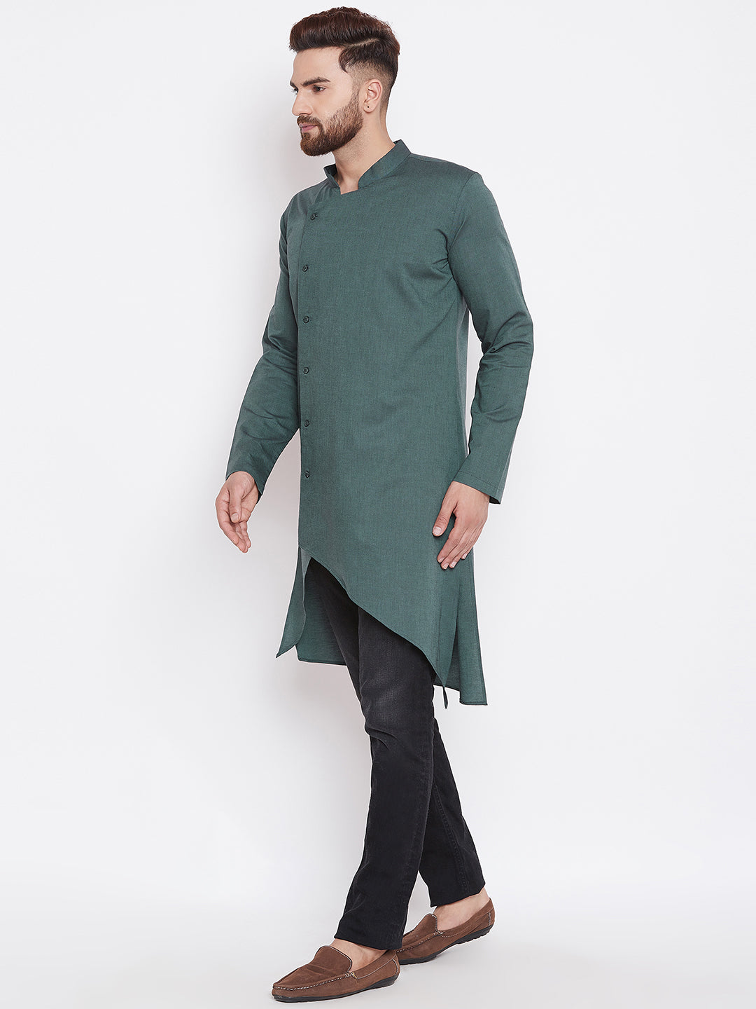 Men's Green Asymmetrical Solid Kurta