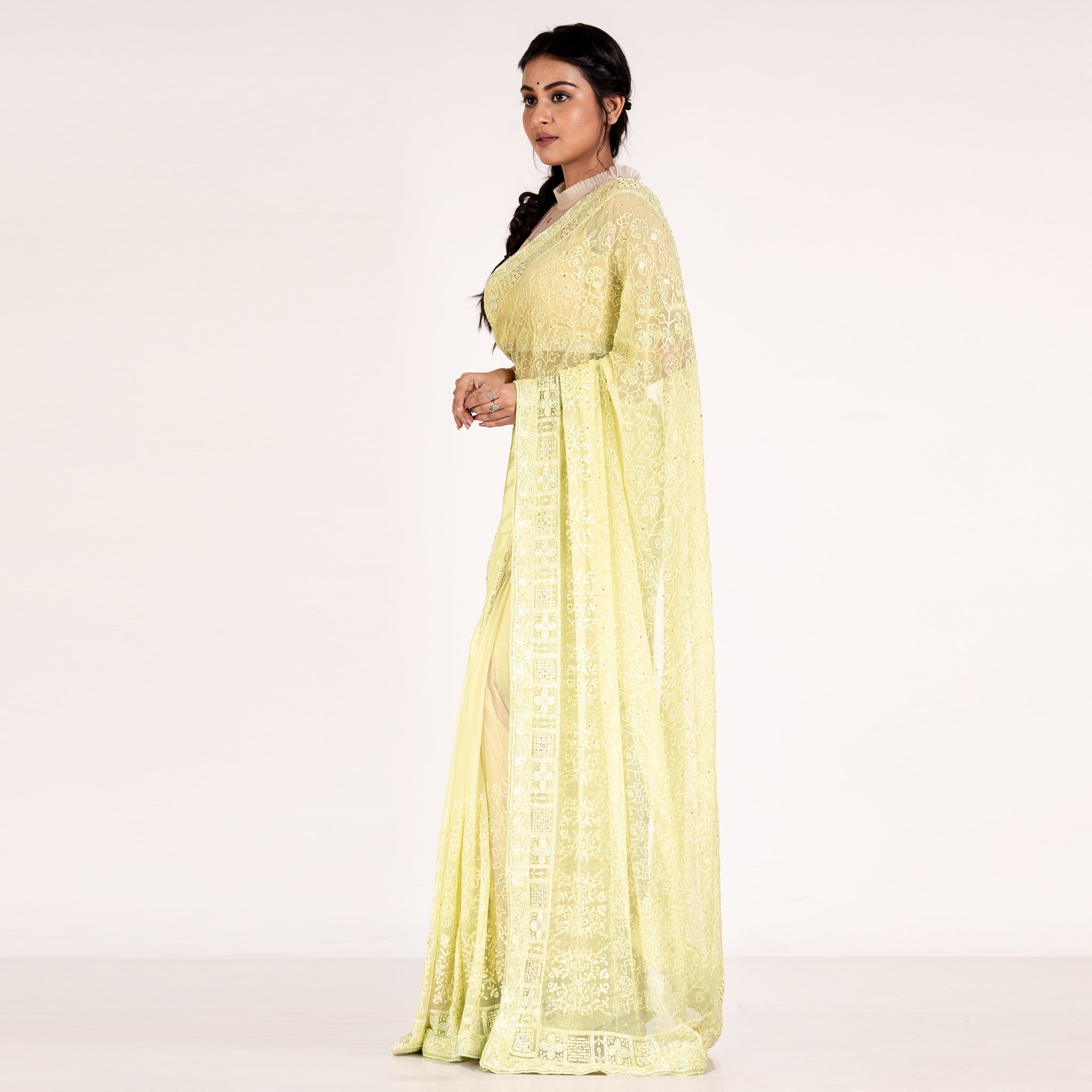 Women's Lime Green Pure Chiffon Fully Embroidered Saree With Crystallization - Boveee