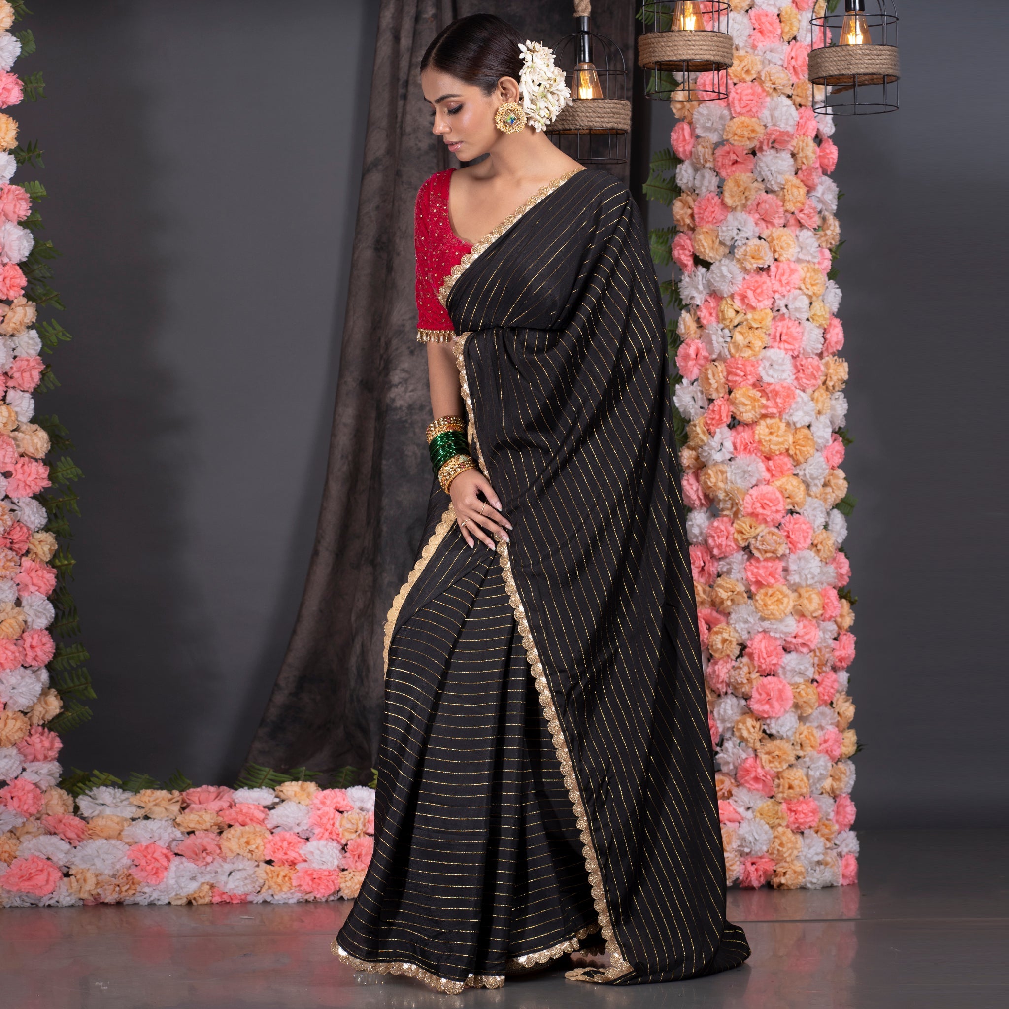 Women's Black Georgette Saree With Lurex Gold Stripes And Scallop Embroidered Border - Boveee