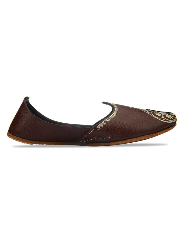 Men's Indian Ethnic Handrafted Embroidered Brown Premium Leather Footwear - Desi Colour