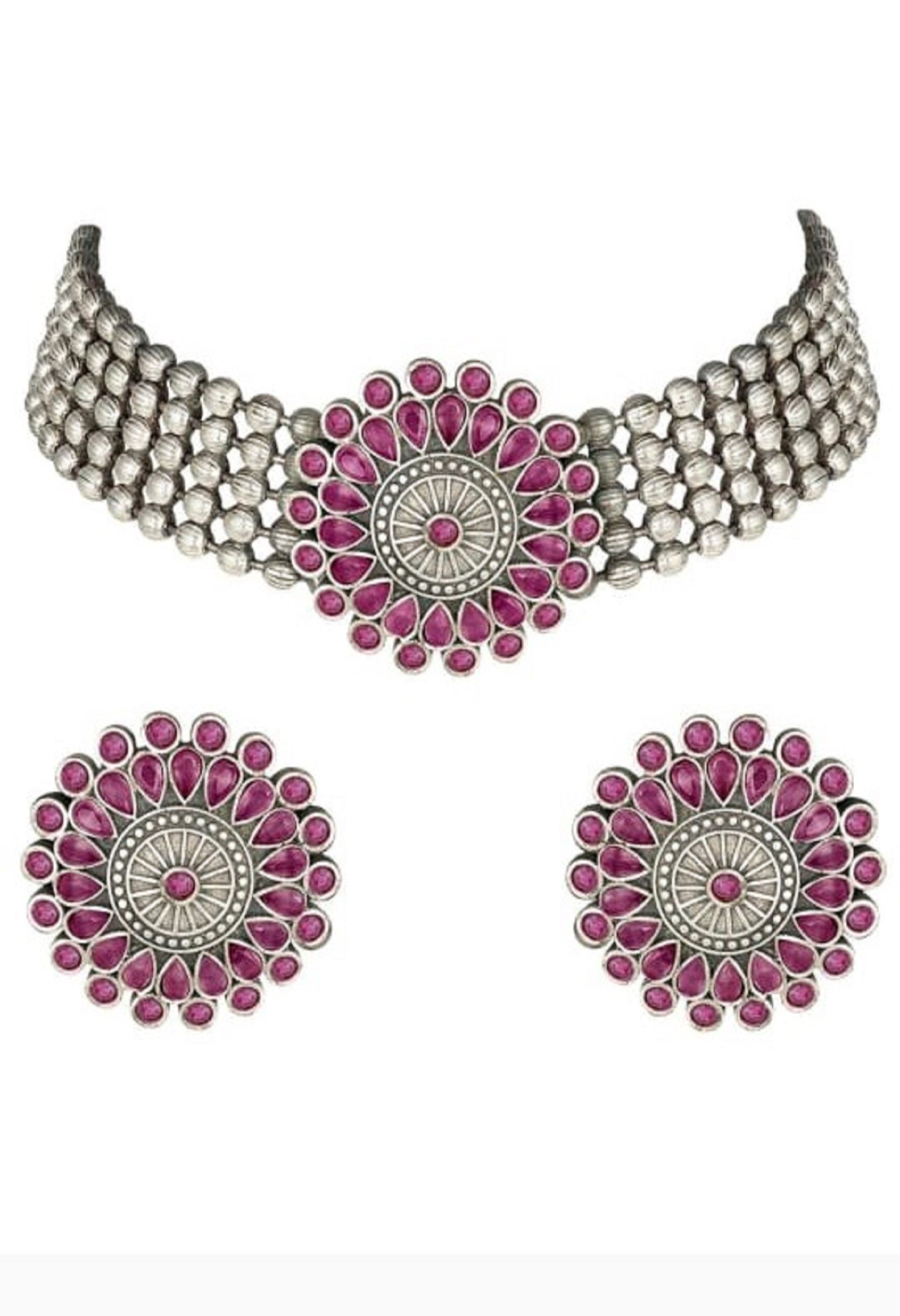 Women's Oxidised Silver-Plated Brass Finish Kundan Choker (Pink) - Kamal Johar