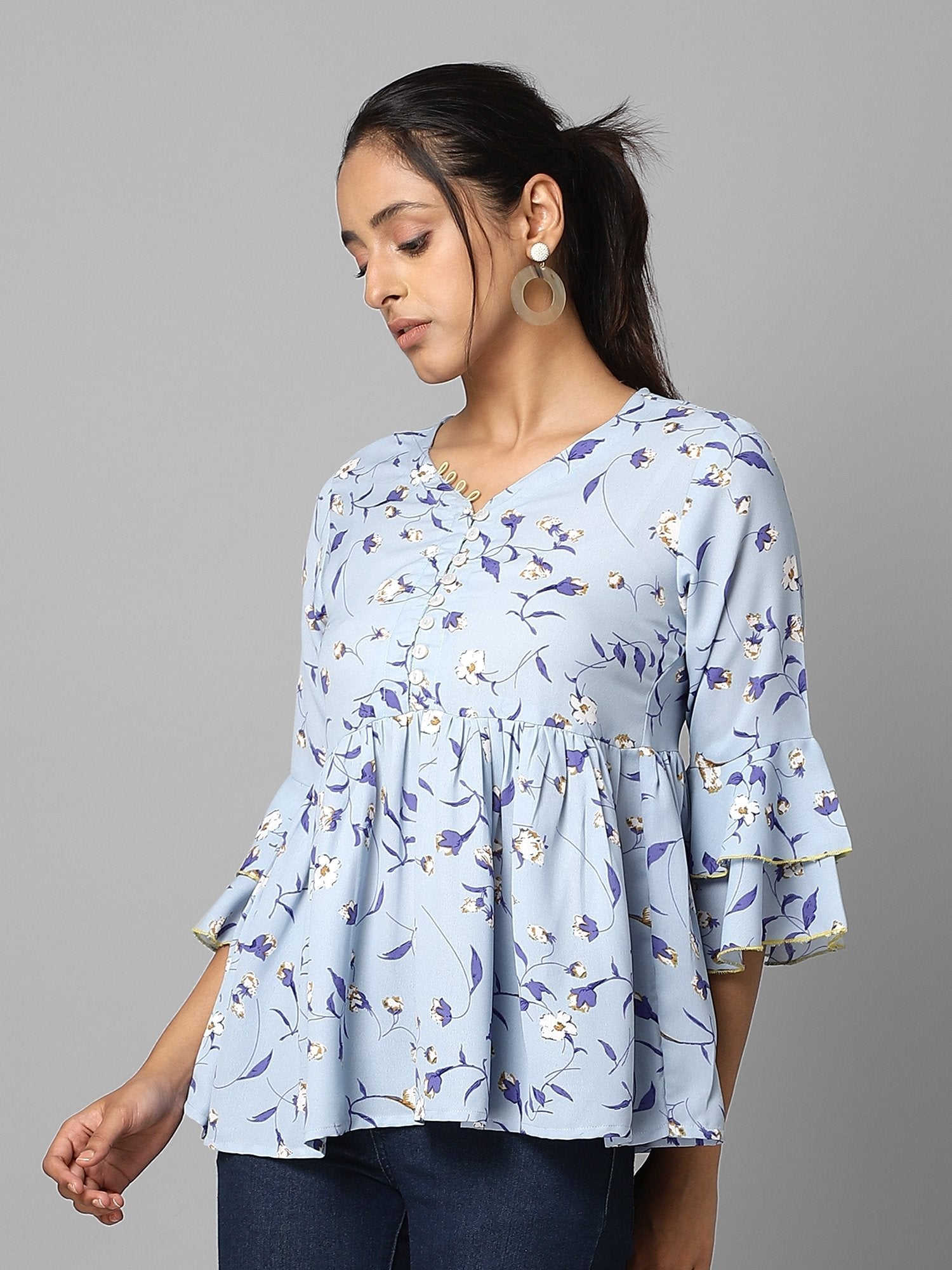 Women's Sky Blue Floral Printed Gathered Top - Azira