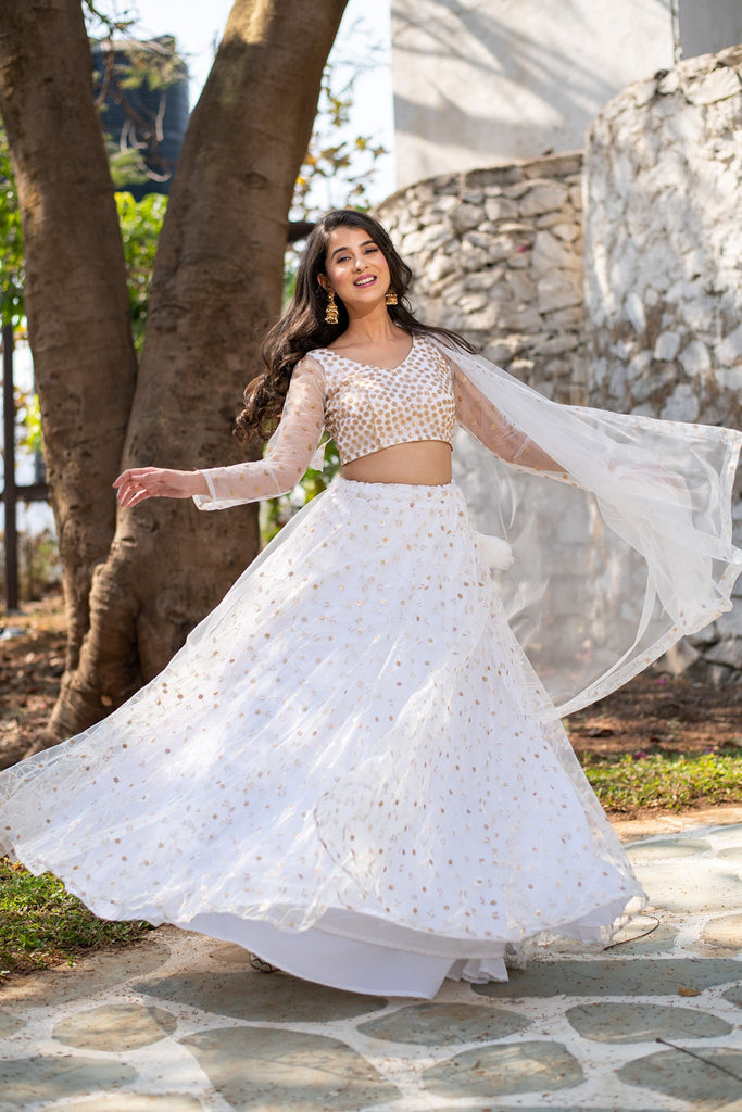 Women's White Thread And Sequin Work Lehenga
