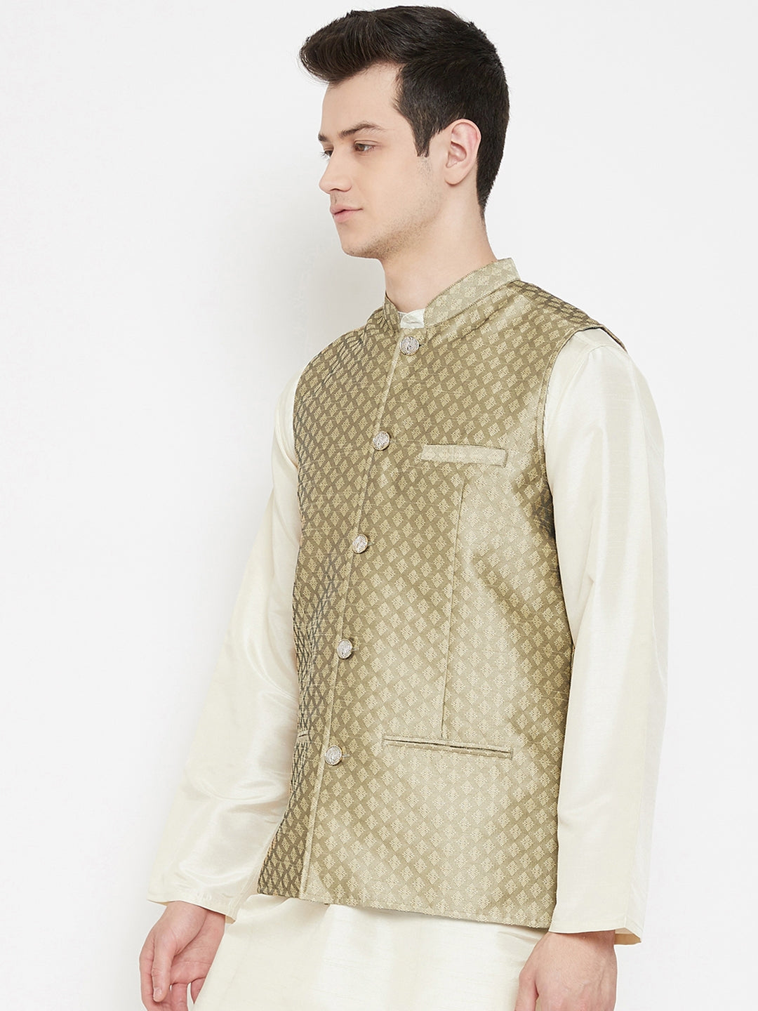 Men's Jacquard Beige Silk Nehru Jacket