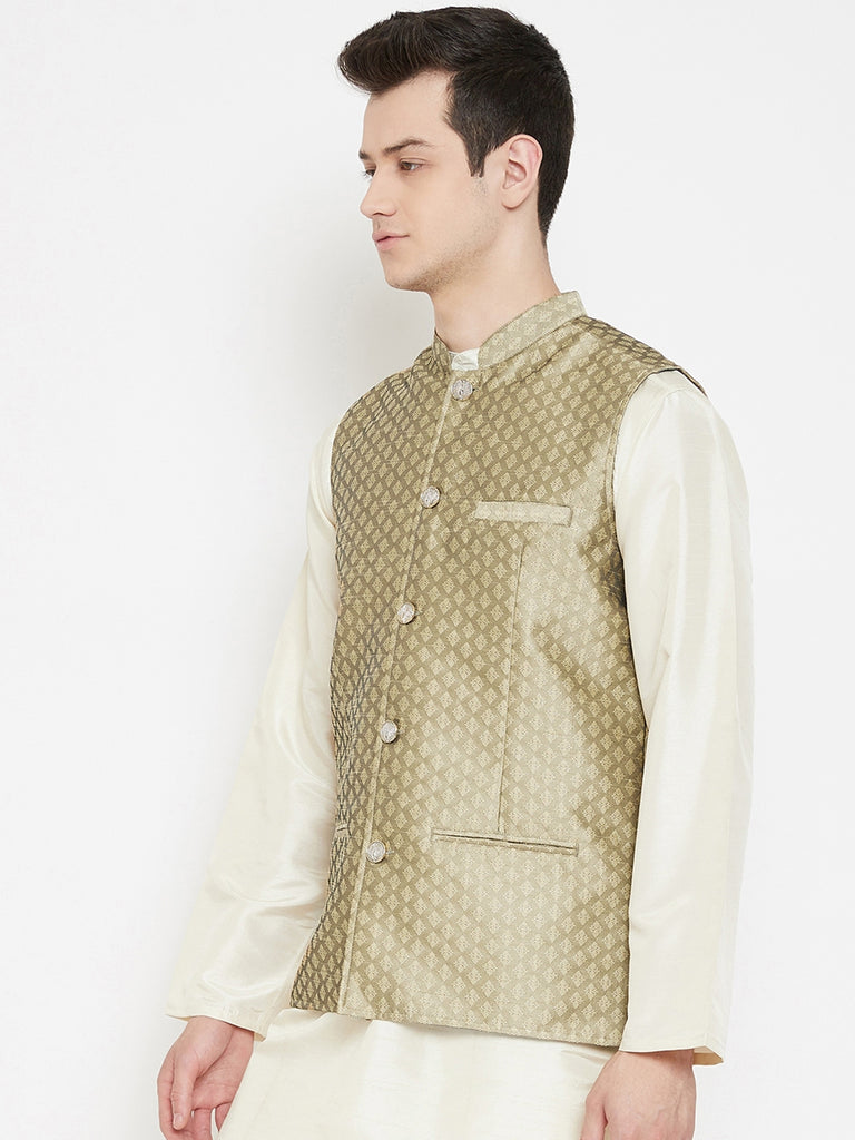 Men's Jacquard Beige Silk Nehru Jacket