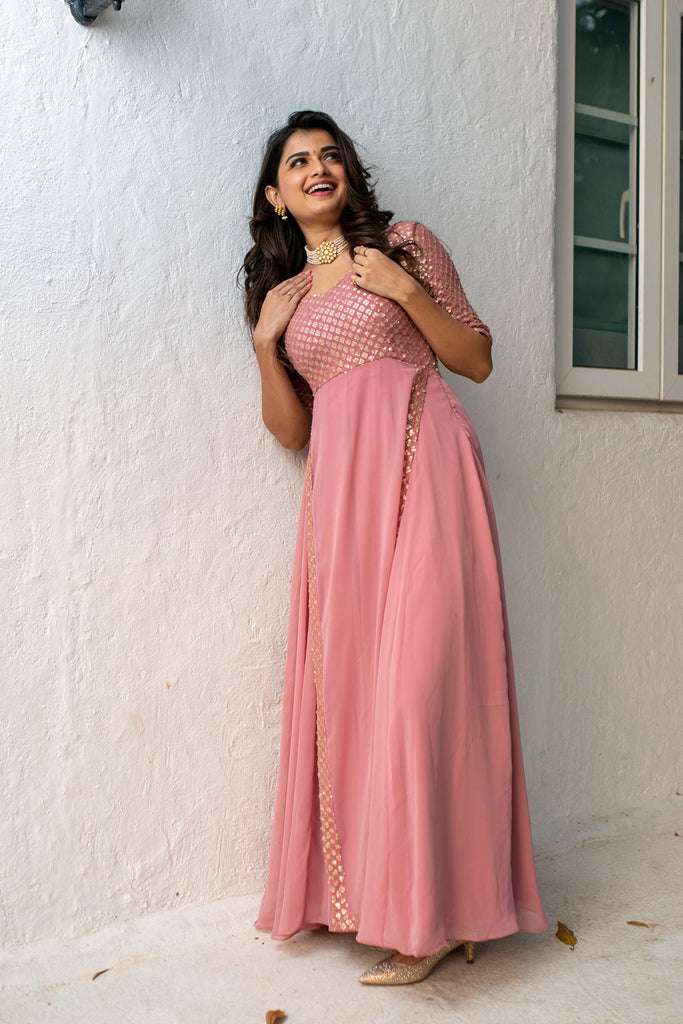 Women's Dusty Pink Sequin Pannel Long Gown