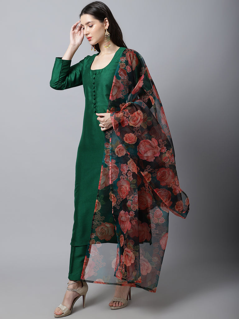 Women's Sizzling Green Kurti With Pants And Printed Dupatta