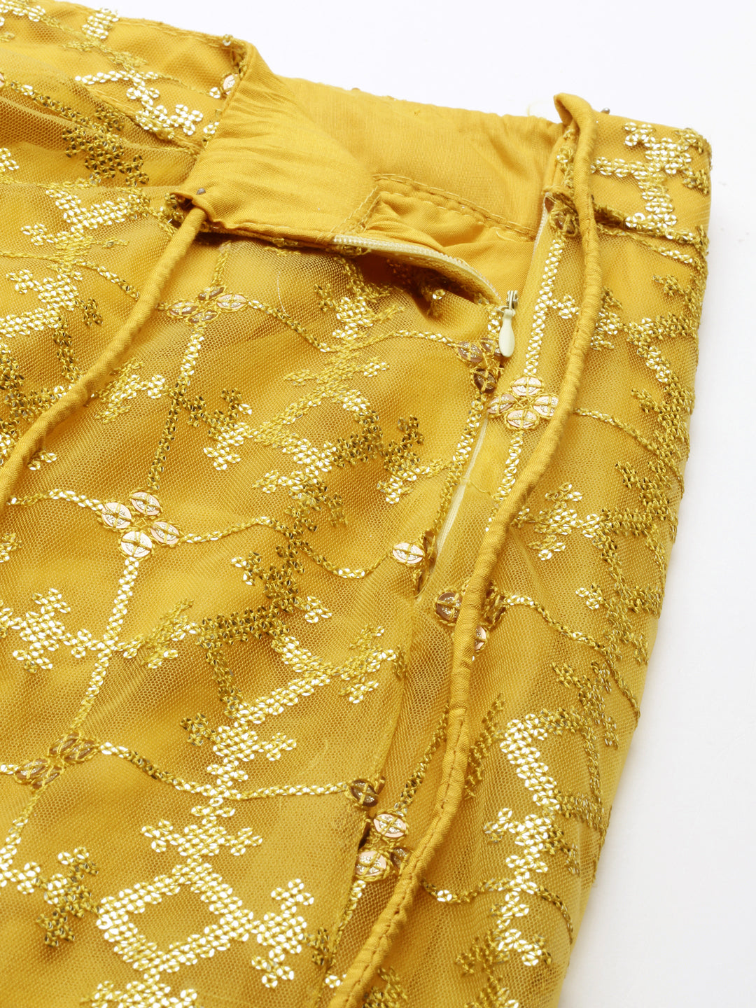 Women's Mustard Net Sequinse Work Fully-Stitched Lehenga & Stitched Blouse, Dupatta - Royal Dwells