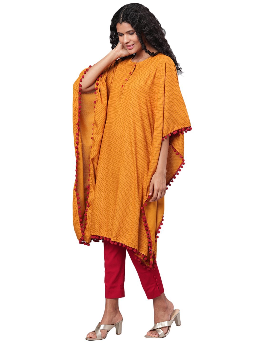 Women's Yellow Printed Sleeveless Round Neck Cotton Slub Casual Kaftaan Top - Myshka