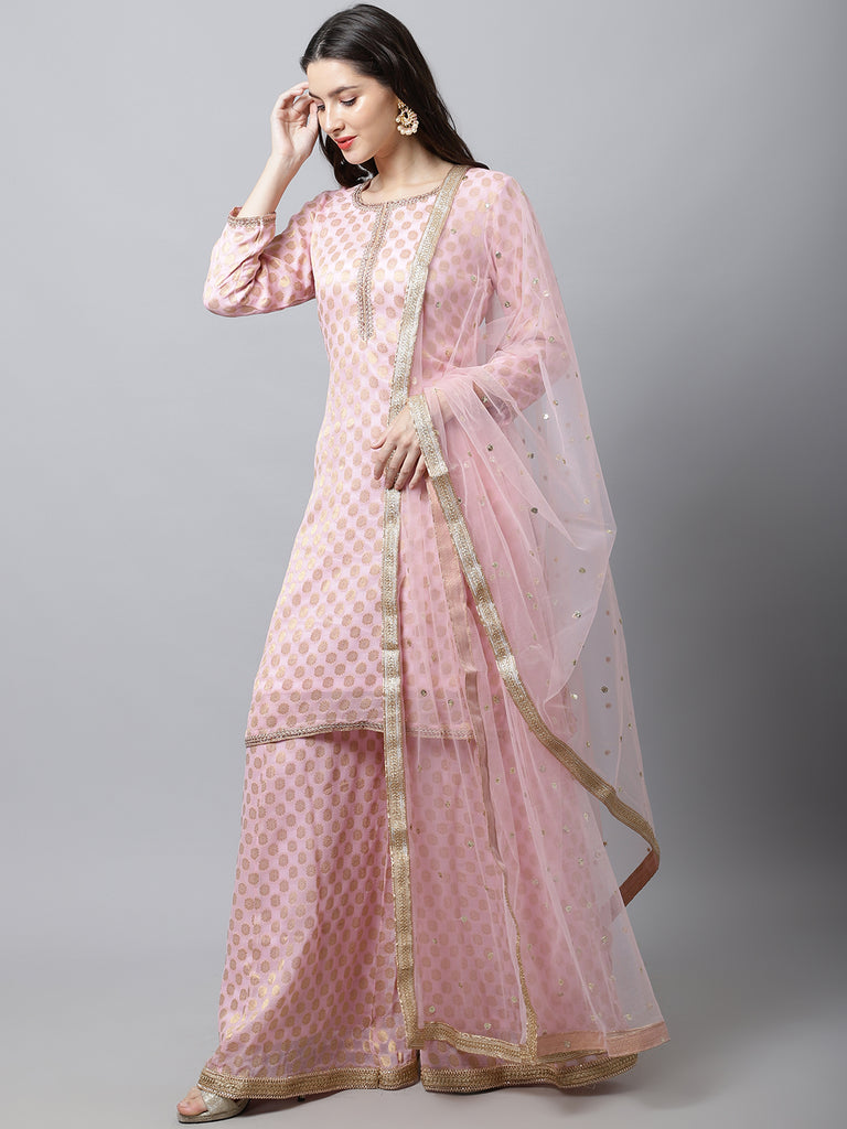 Women's Baby Pink Straight Banarasi Kurti With Flared Palazzo And Dupatta